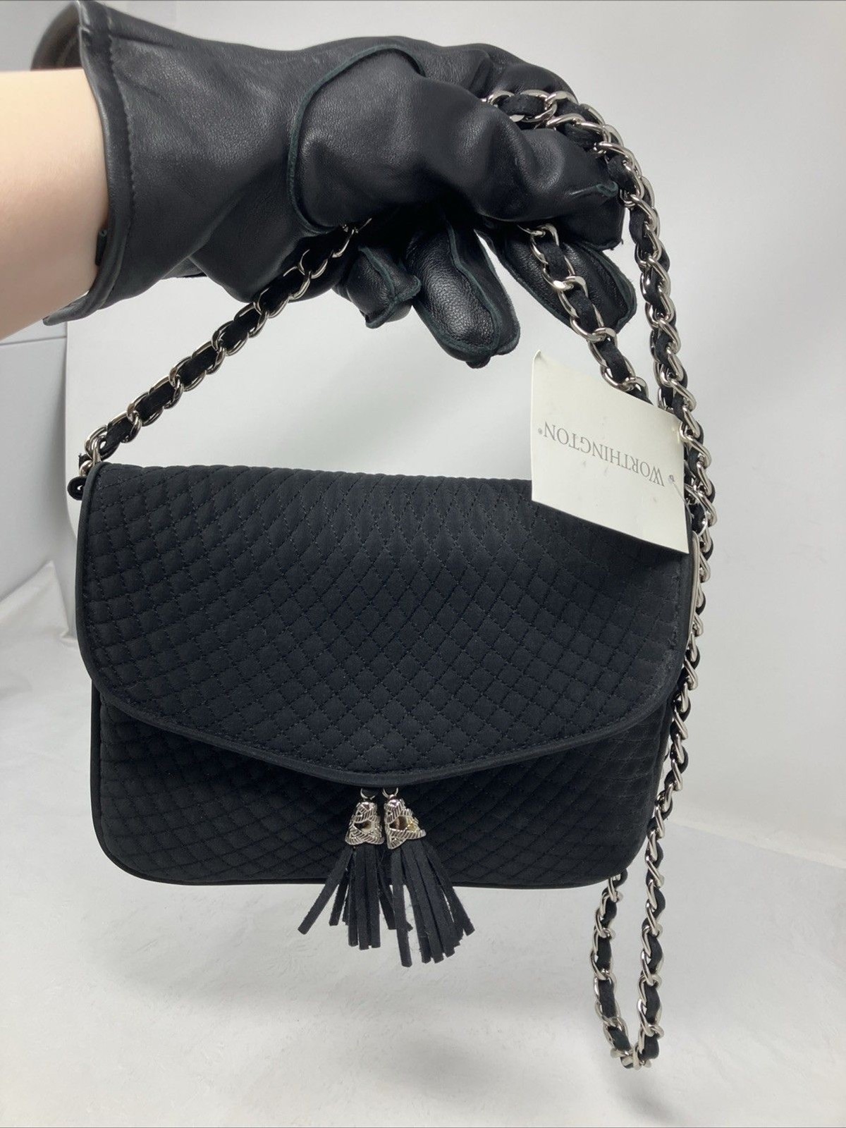 NWT Worthington Small Shoulder Crossbody Black Purse Silver Chain Strap Tassels