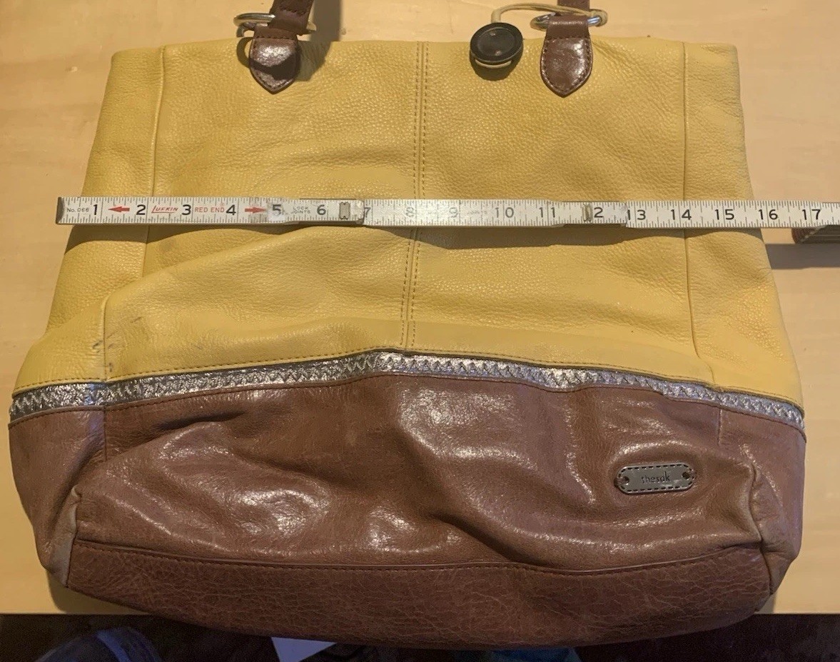 The Sak Indio Leather Shoulder Bag Yellow Top Brown Bottom Patterned Interior