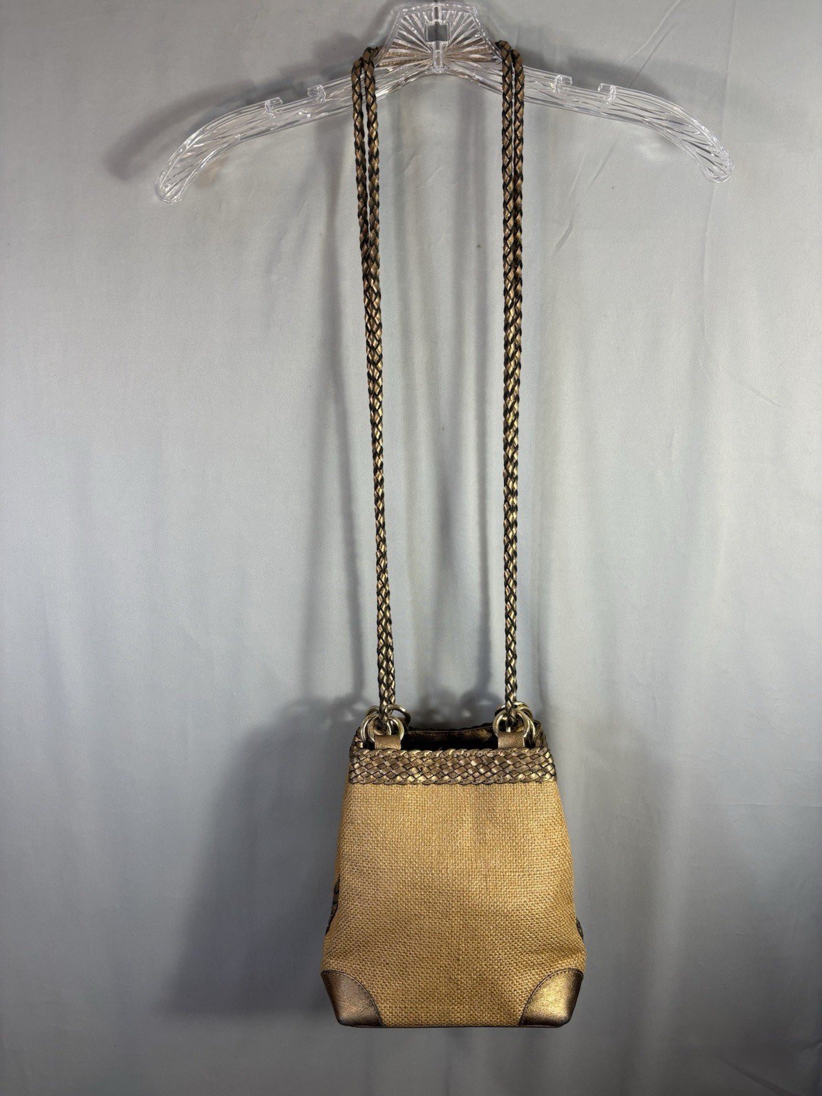 LJS Collection 90’s Brazil Woven Jute Crossbody Bag Bronze Metallic Leather Boho