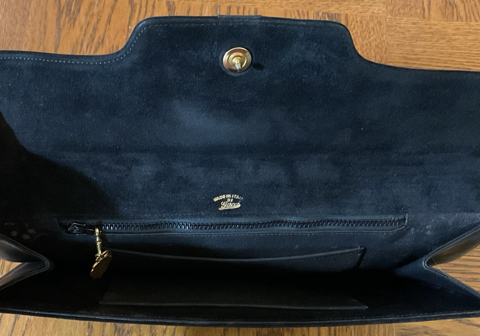 Vintage Gucci Black Suede Clutch, 11 1/2 by 7″, Leather Lining, Made in Italy