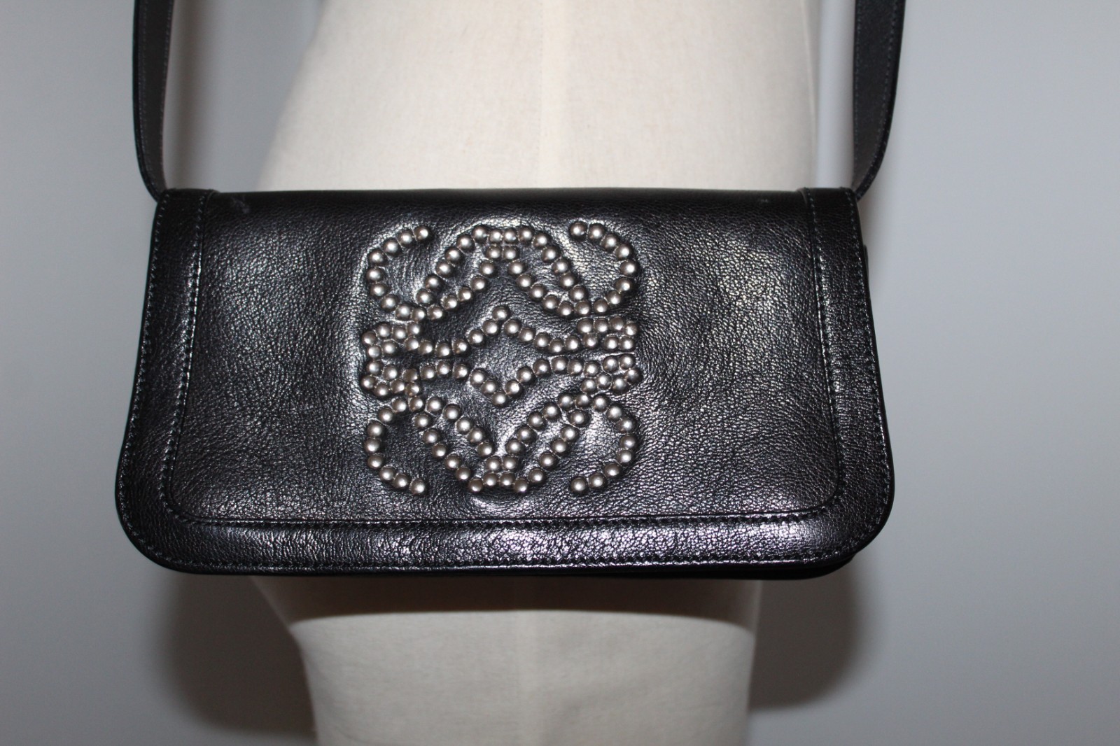 Loewe Anagram Studs Logo Small Shoulder Bag Crossbody Handbag Black Leather