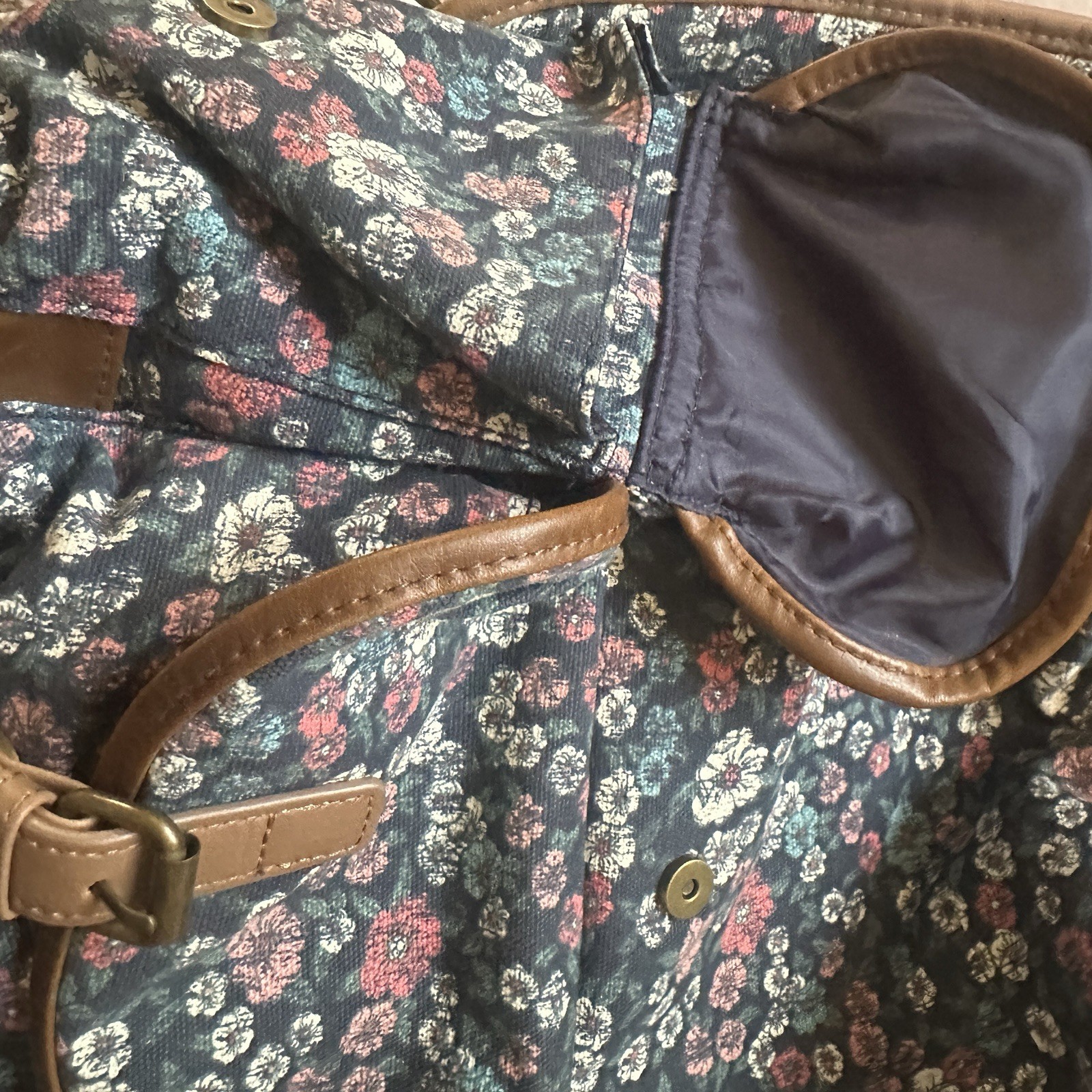 Vintage Y2K MUDD Canvas Floral Print Boho Backpack Satchel Bag w/Leather Trim