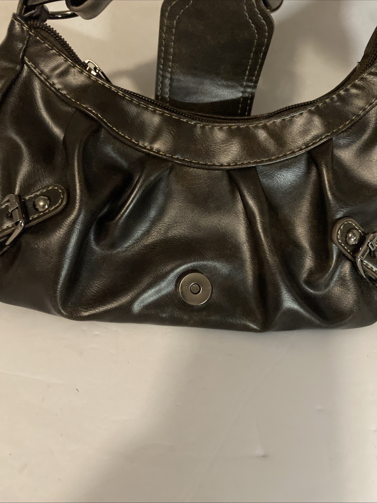 Faux Leather Buckle Front Coffee Brown Shoulder Bag / Purse Snap & Zippered.