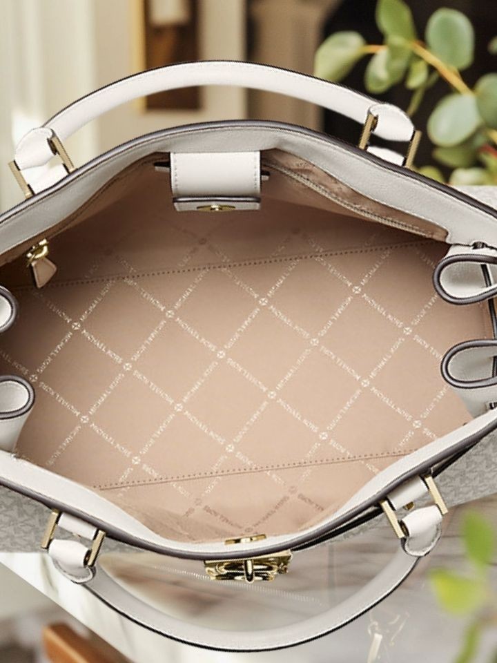 Michael Kors Hamilton Women Medium MK Logo Print Satchel Bag Light Cream Multi