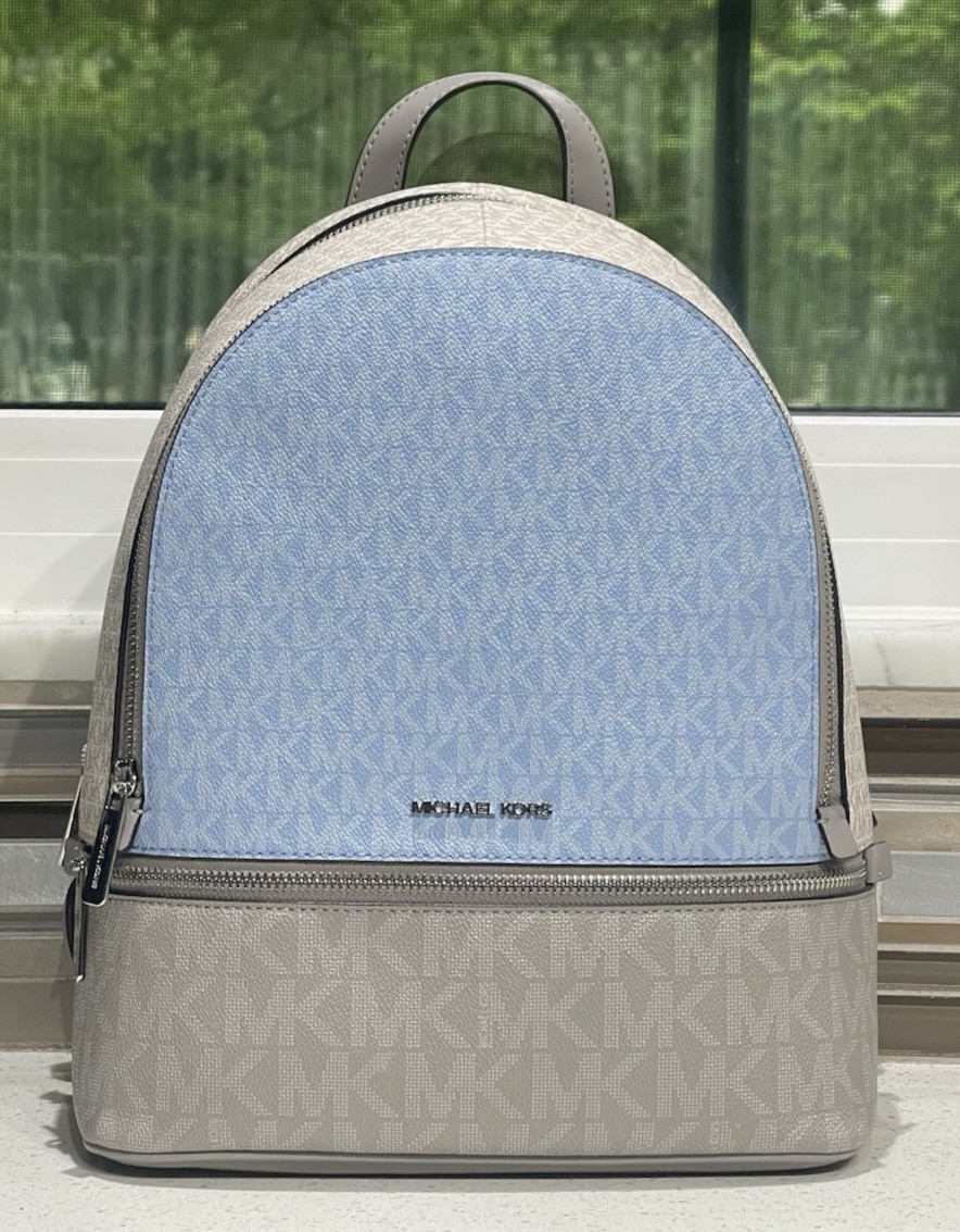MICHAEL KORS RHEA MEDIUM ZIP BACKPACK BAG TOTE LIGHT BLUE OFF WHITE GRAY MK LOGO
