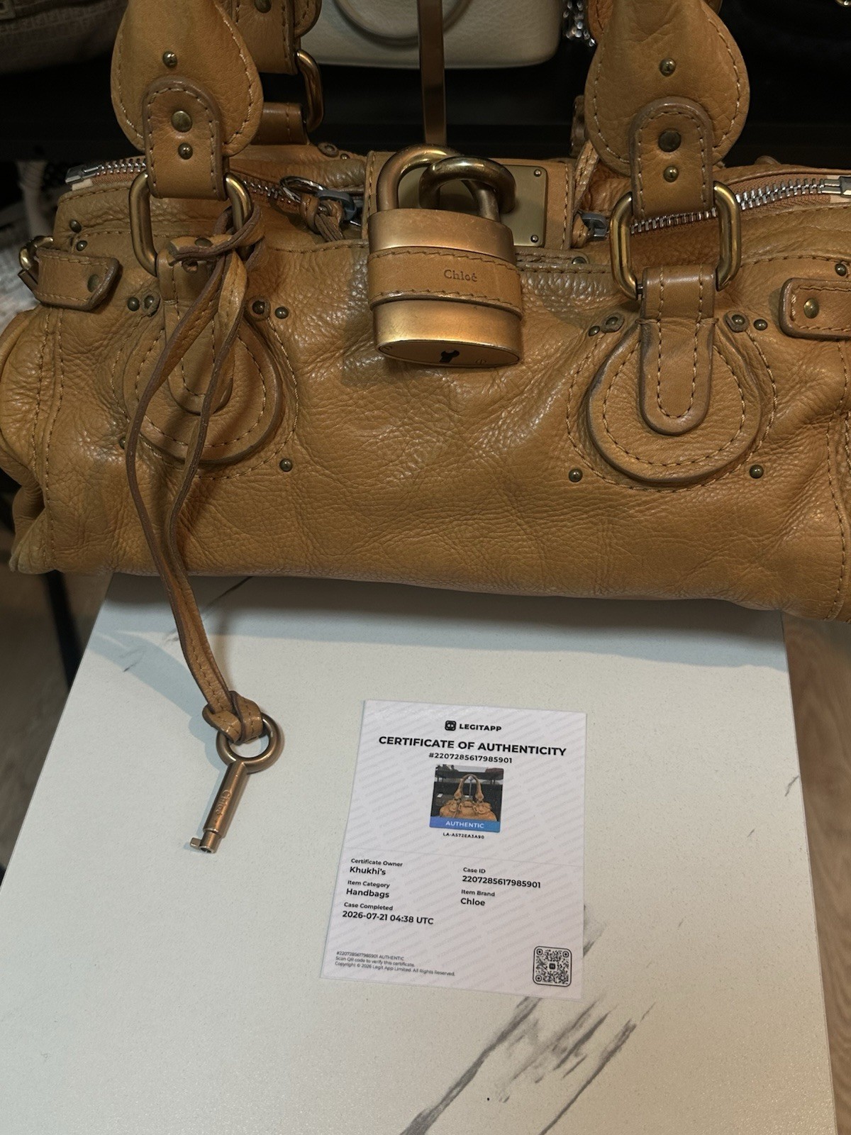 Chloé Paddington Tan Pebbled Leather Satchel Bag Padlock Zip Key + COA