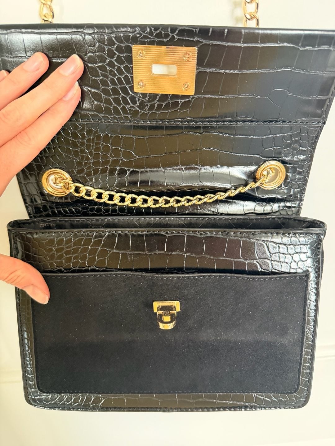 ALDO Black Croc-Embossed and Suede Crossbody Bag with Gold Tone Hardware