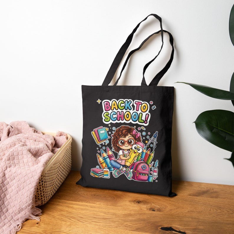 Back to School Tote Bag Cute Cartoon Girl Teacher Student Gift Bag (15×16”)