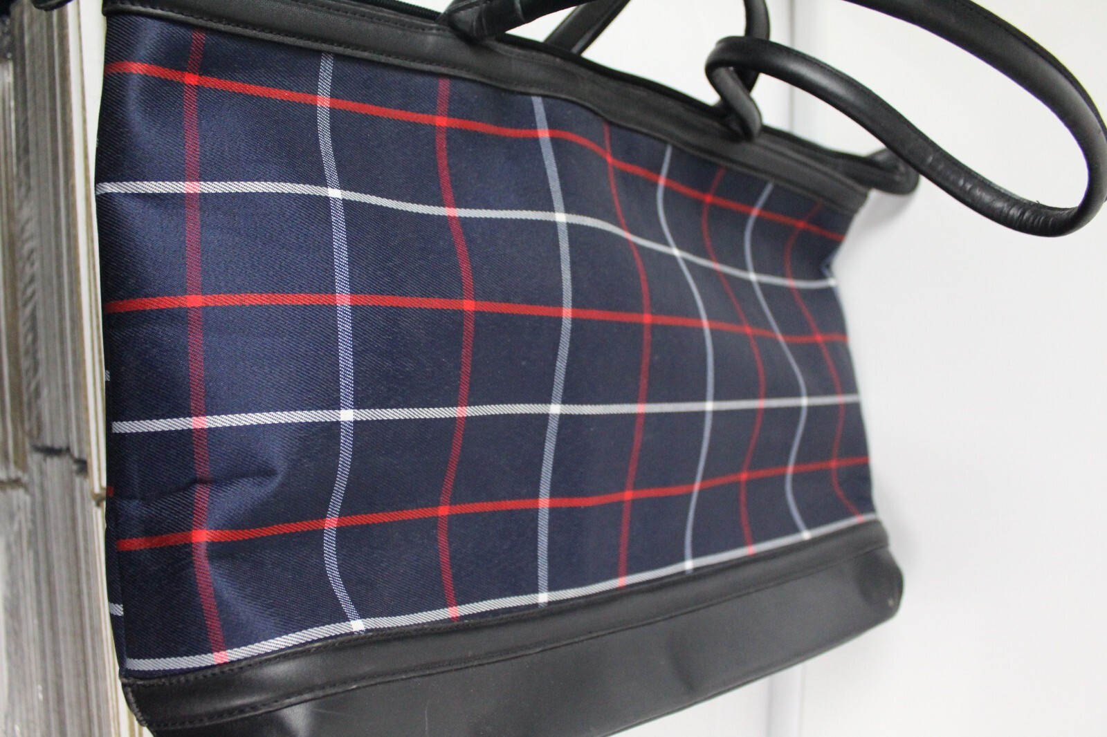 Plaid Handbag Shoulder Bag Blue with Red and White Stripes 20 x 12 x 4″