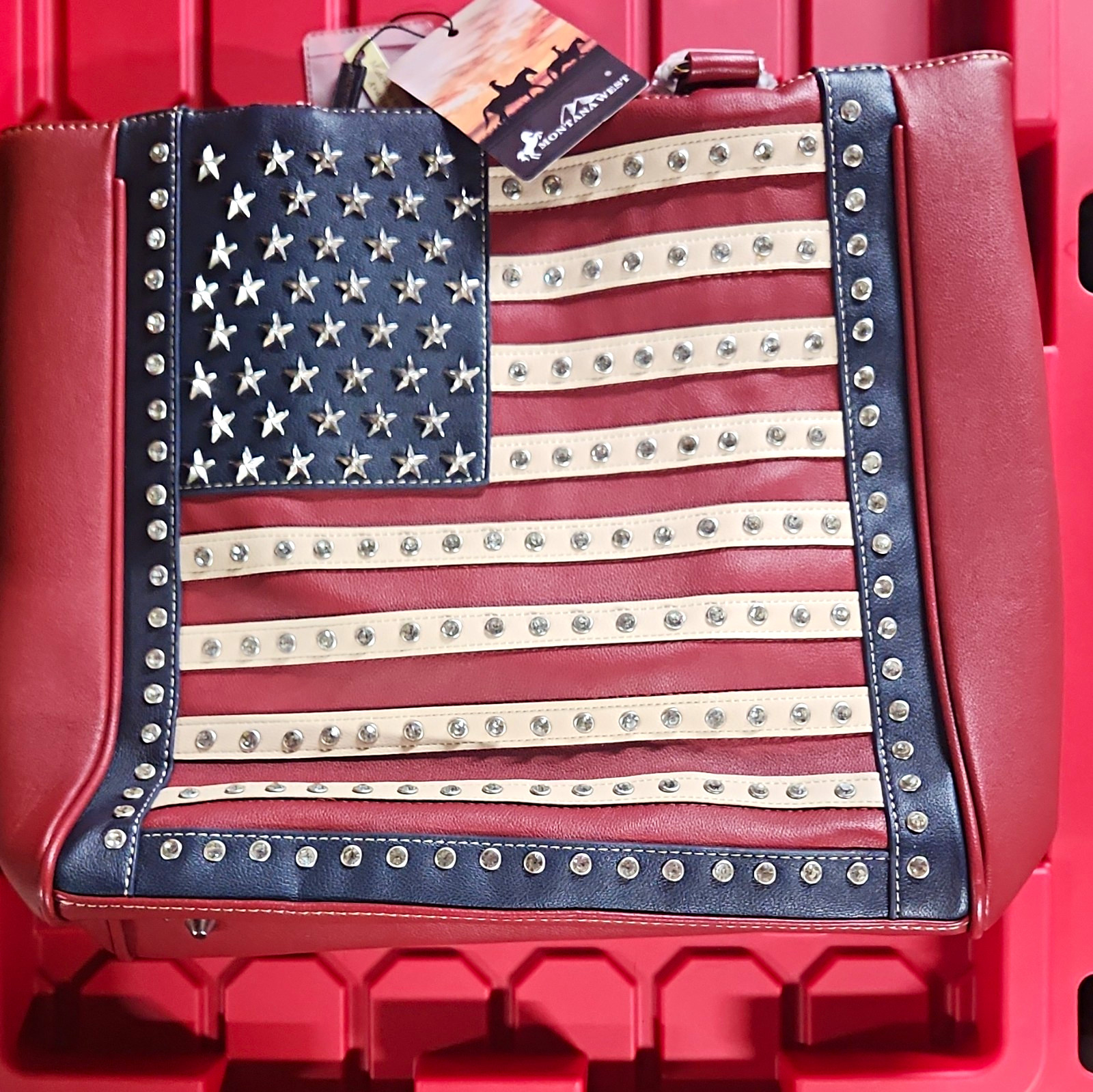 Montana West USA Flag Studded Tote Bag Zip Closure Pockets Red Blue Beige CC