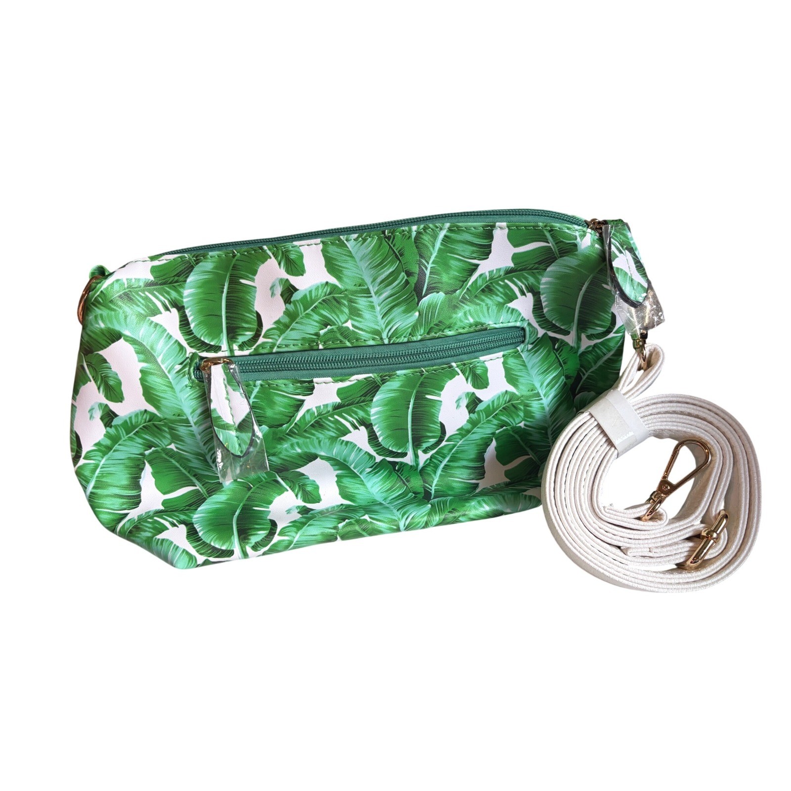 IWM Banana Leaf Print Green Tropical Palm Clutch White Strap 11.5″ W X 7″ tall