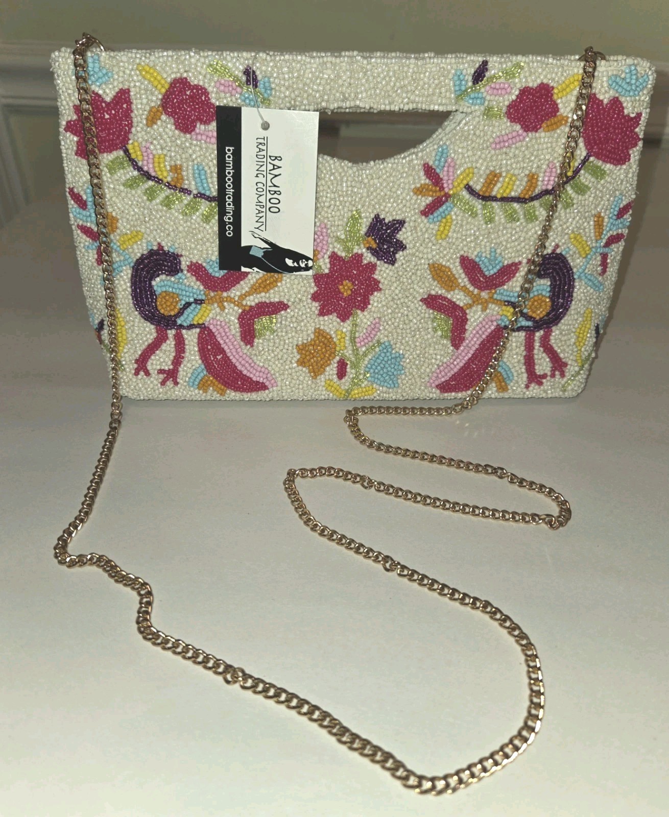 Beaded Peacocks Flowers Clutch Purse Flora Half Moon Style Bamboo Trading Co NWT