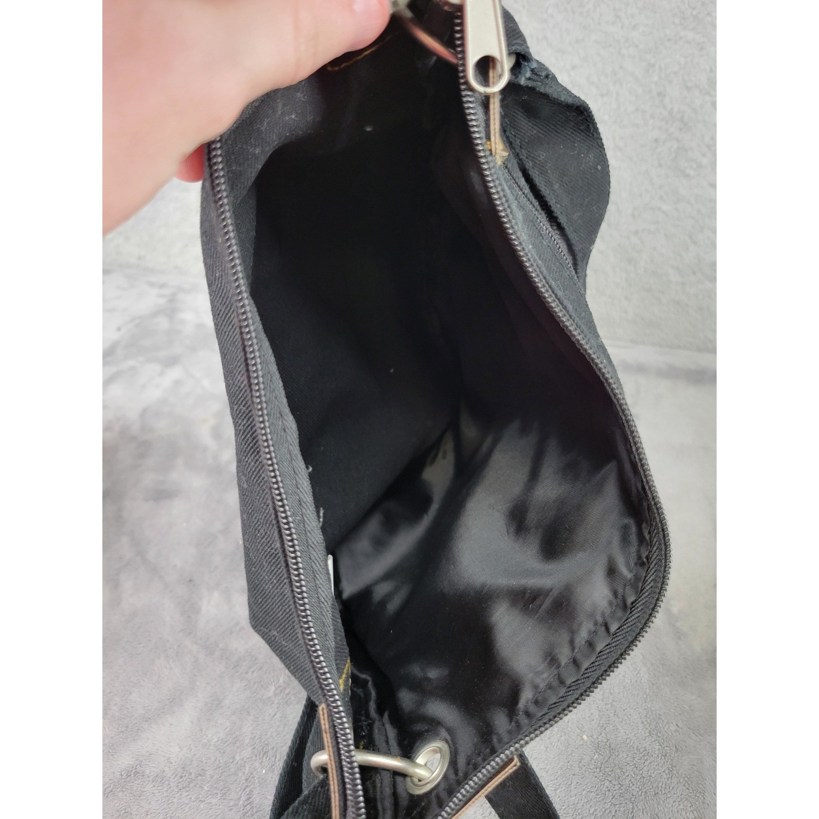 Black Canvas Multi Pocket Utility Crossbody Messenger Bag Brown Trim Adjustable