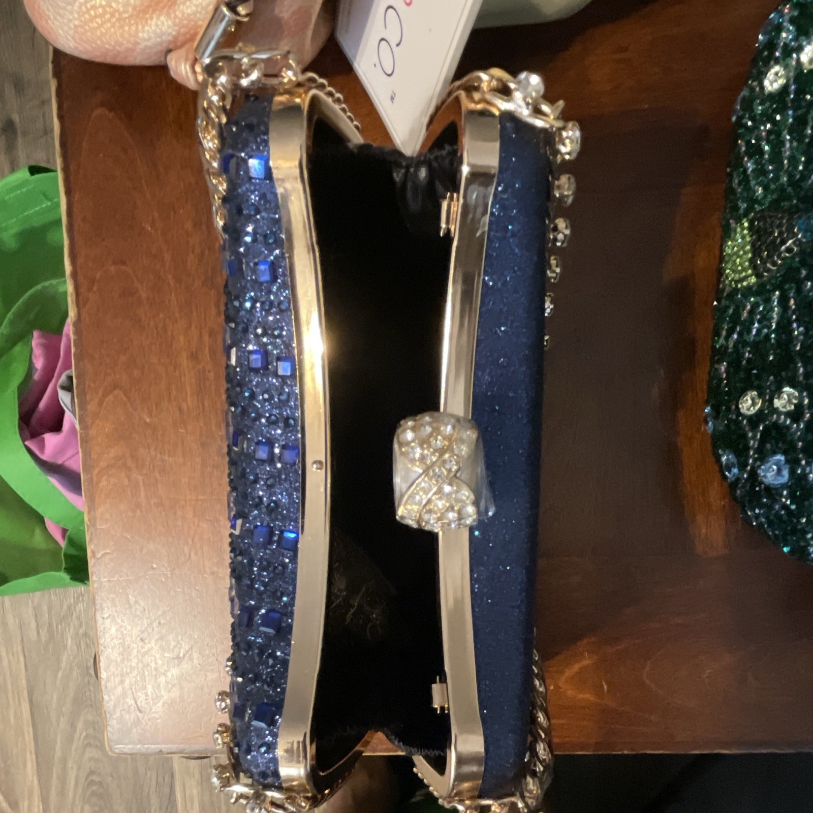 Blue Beaded Kiss Lock Small Shoulder Bag Gold Chain Strap Formal Party