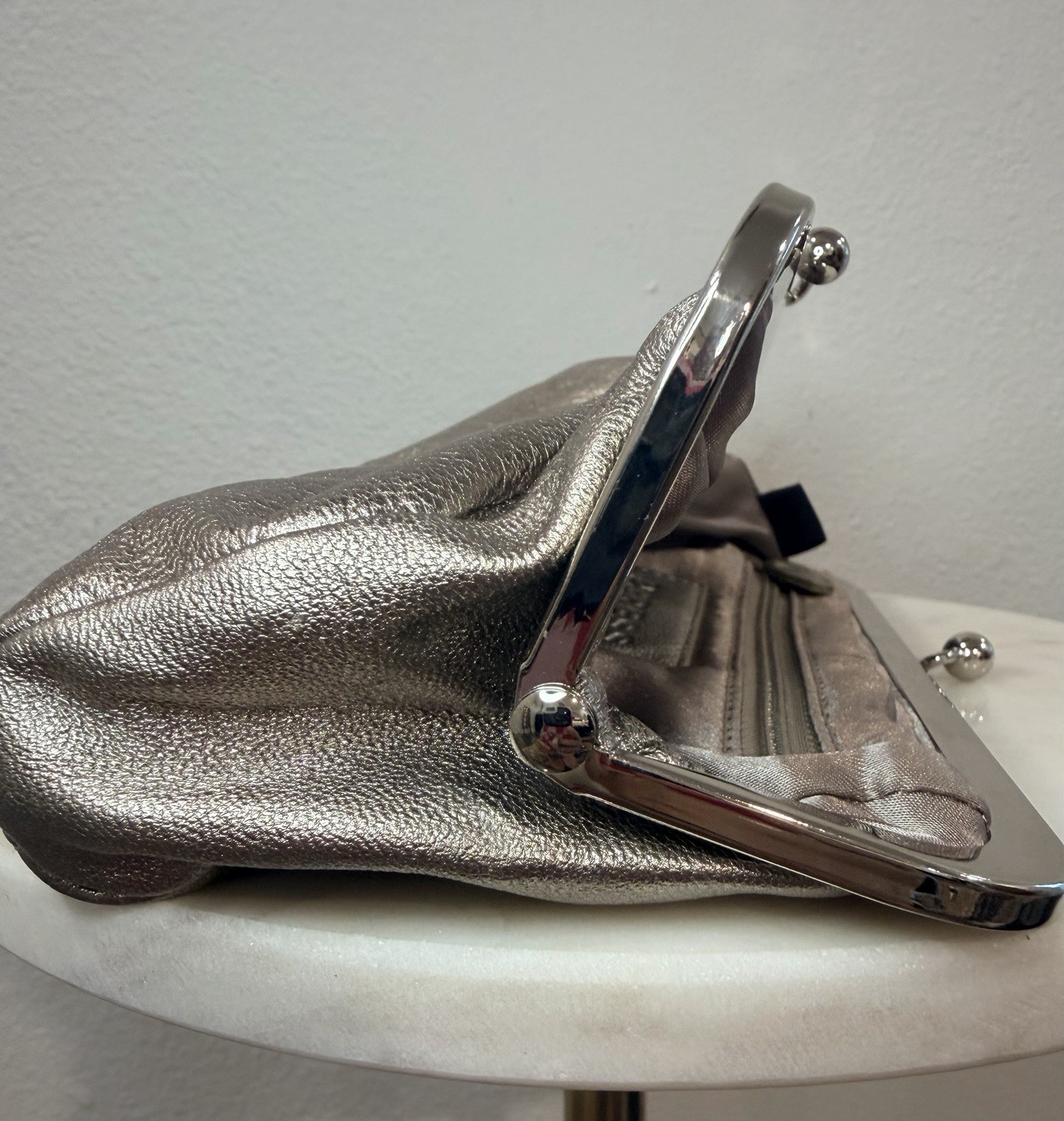 Express Metallic Silver Kiss Lock Pleated Clutch, Lined w/ Inner Pockets