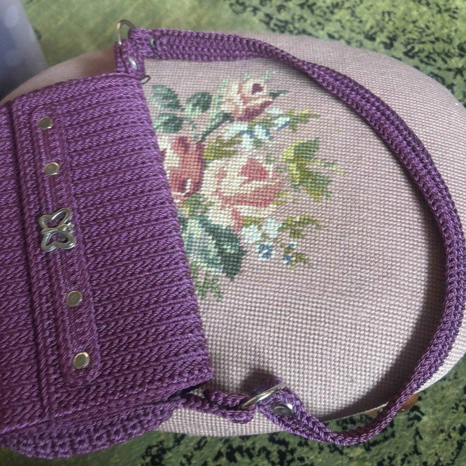 Vintage 90s 00s Crochet Bag Purple Butterfly Accent Boho Grunge Mini Purse Y2K