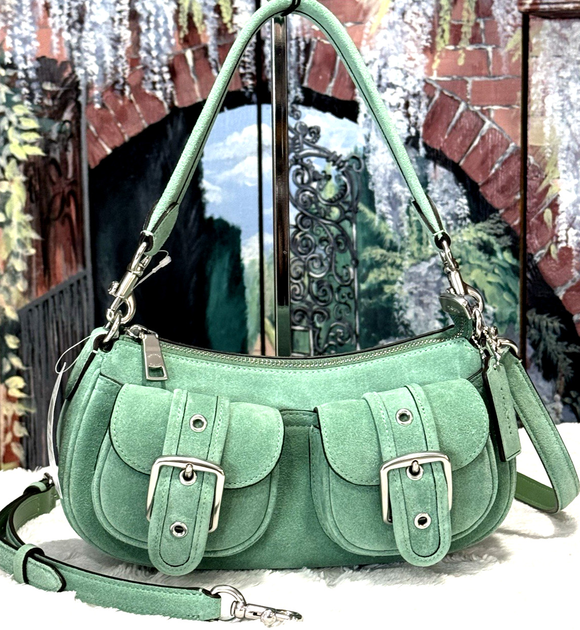 NWT Coach Ashton CDA95 Shoulder Crossbody Bag In MINT GREEN Suede Leather Silver