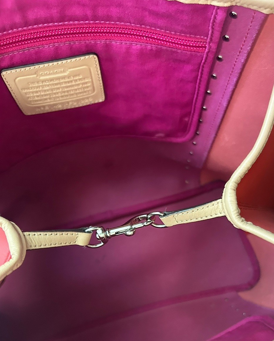 COACH Metro Colorblock Pink Orange And Tan Studded Leather Tote Bag Read List