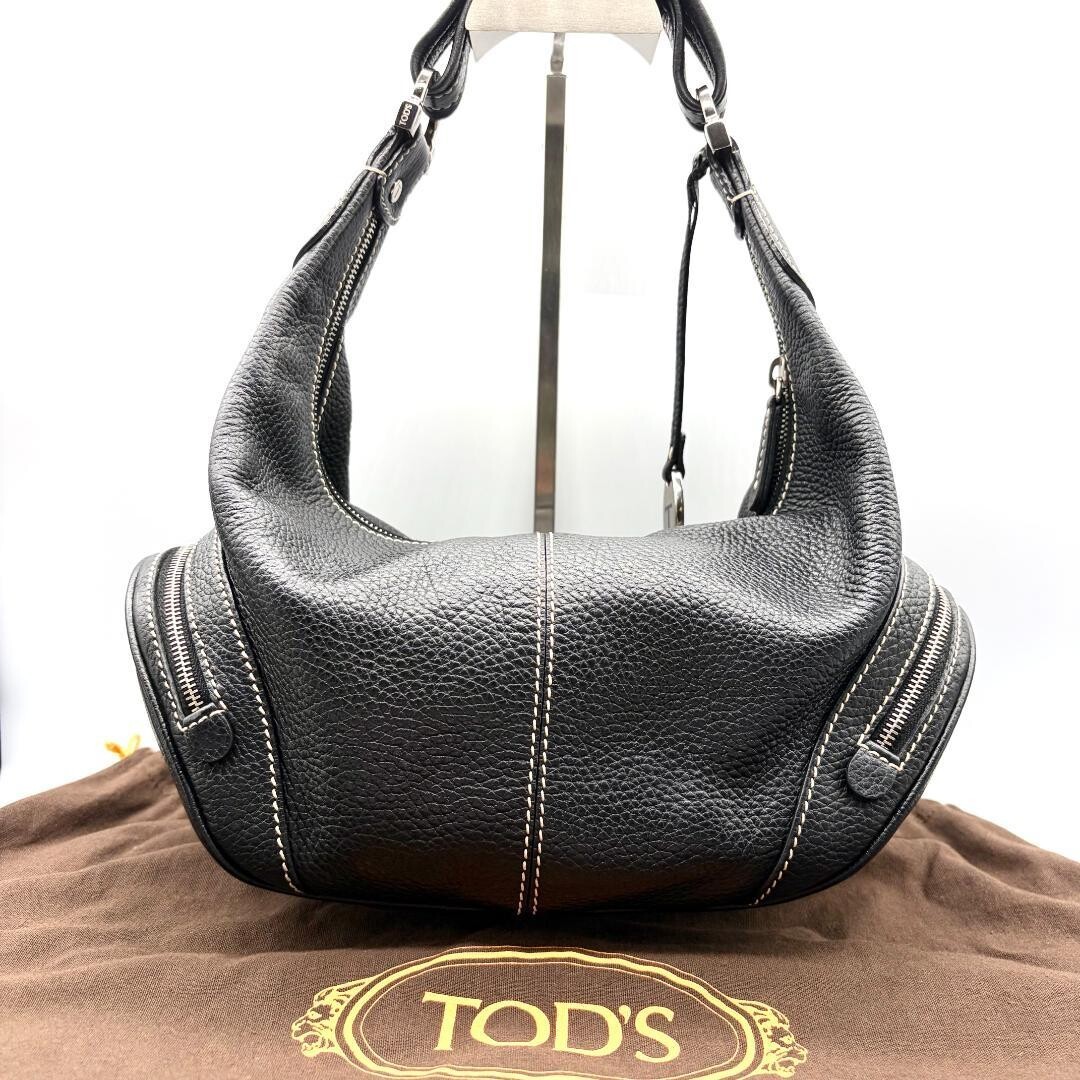 Tods Black Leather Shoulder Bag Womens Zip Hobo Y2K Dust Bag 34cm