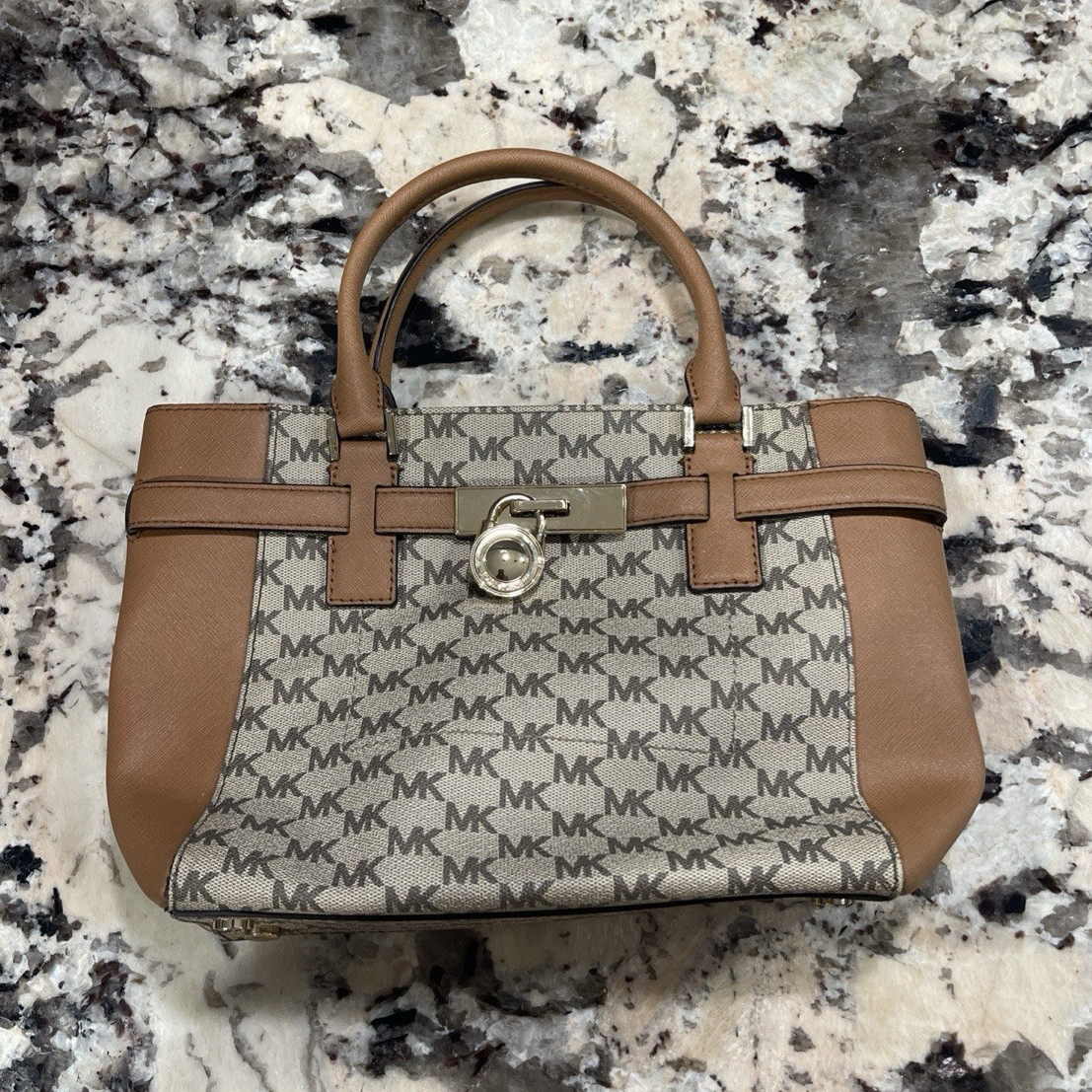 Michael Kors Beige Brown Monogram Satchel Top Handle Zip Turn Lock Adjustable