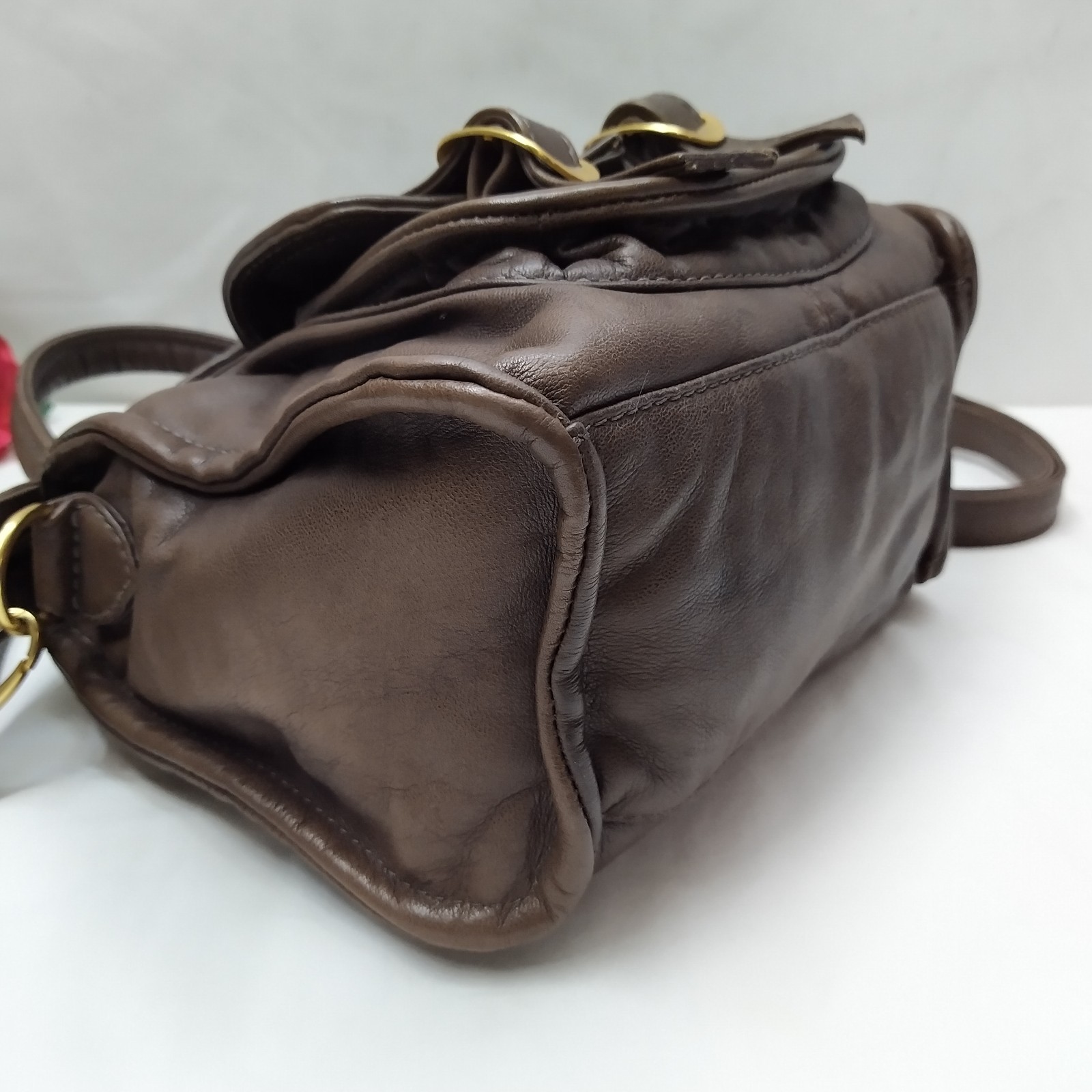 Bulga Brown Leather Buckle Pockets Double Handles Zipper Satchel Bag – $275