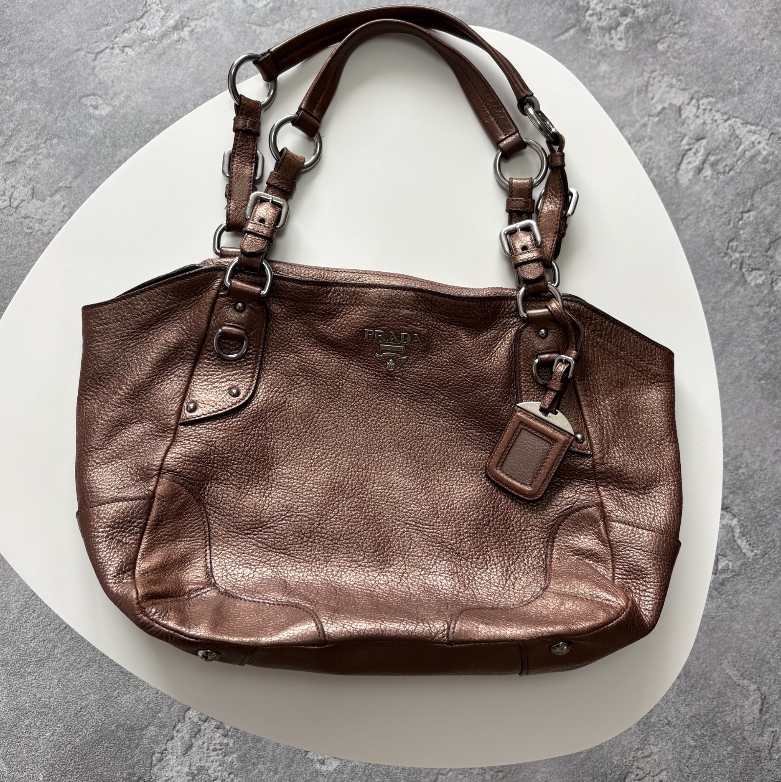 Vintage PRADA Vitello Daino Leather Naplak Bronze Handbag Shoulder Bag Used