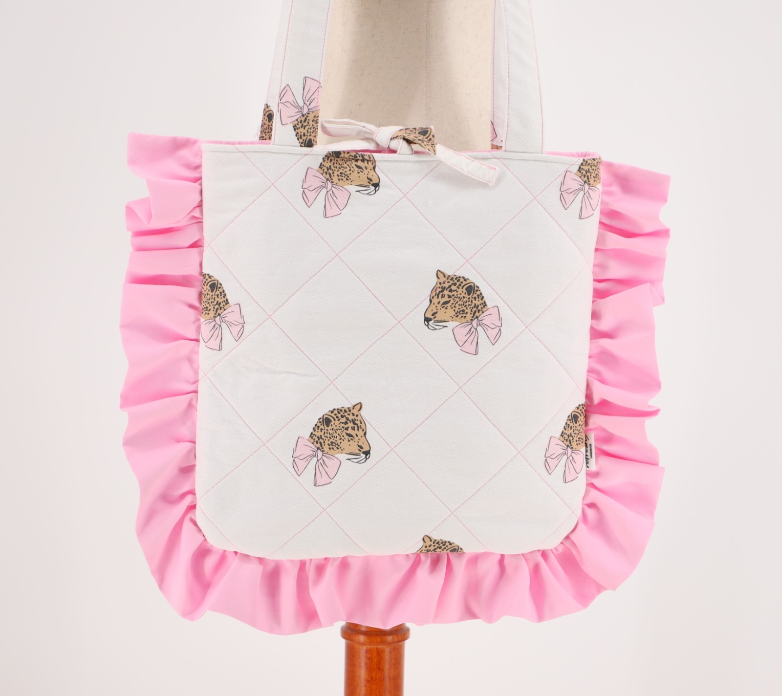Handmade Leopard Print Quilted Pink Ruffle Tote Bag