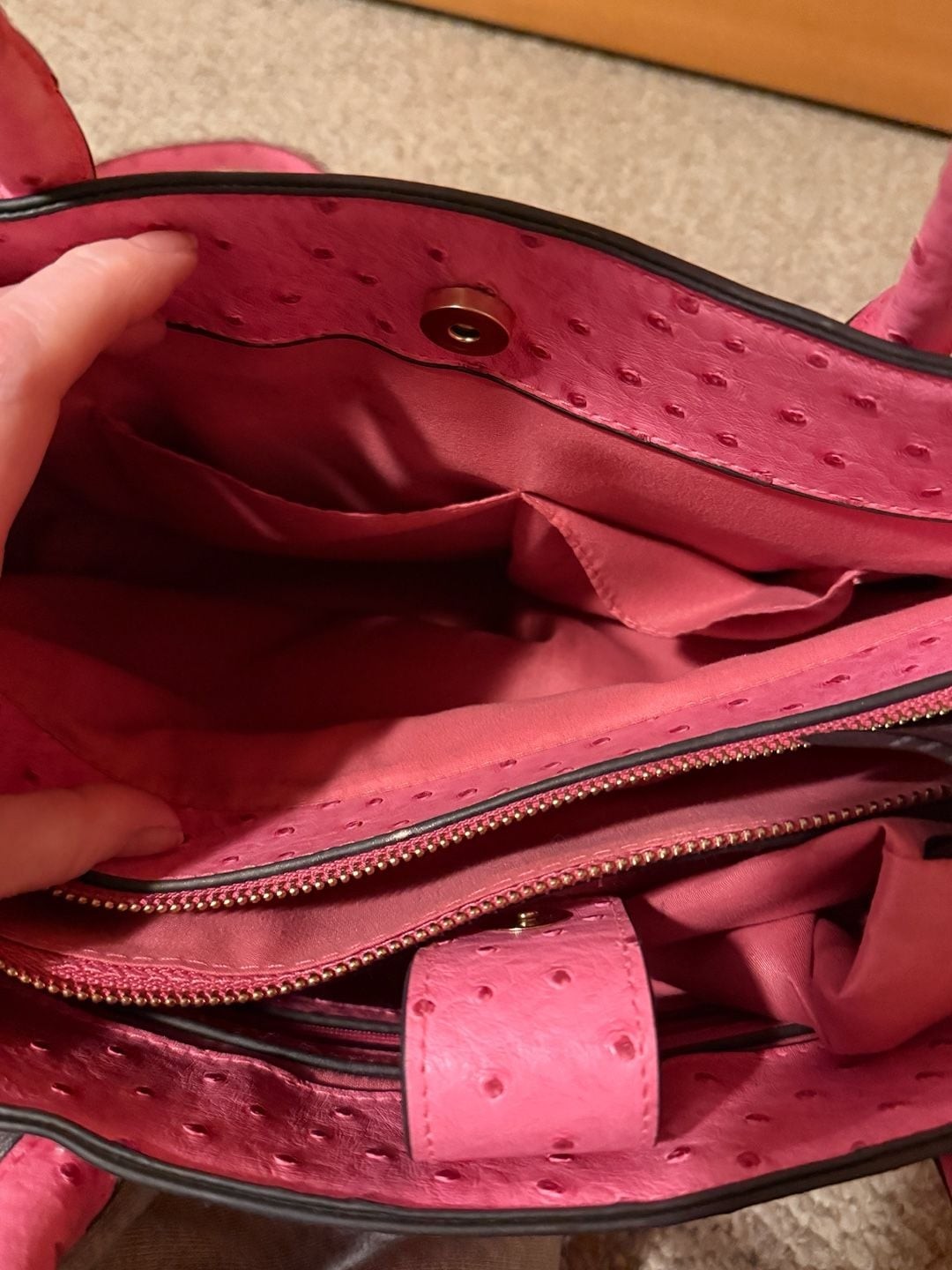 bebe Aubrey Faux Ostrich Pink Satchel with Matching Card Case