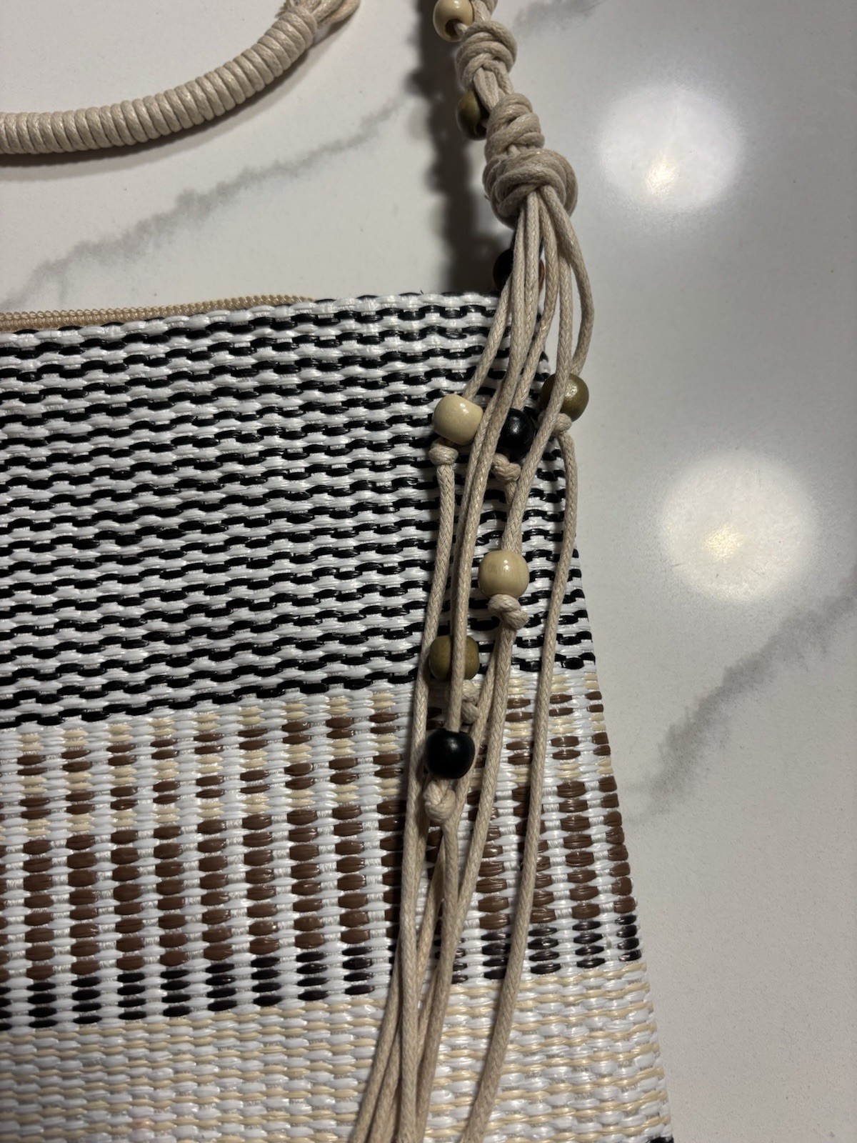 SUN ‘N’ SAND Beige White Black STRIPED Beaded POLY CANVAS CROSSBODY PURSE