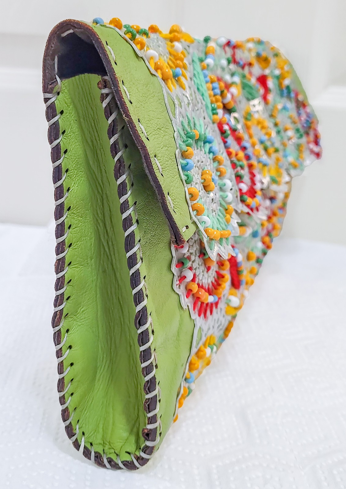 LARETTAMIA Italy Handmade Leather Beaded Embroidered Floral Whipstitch Clutch