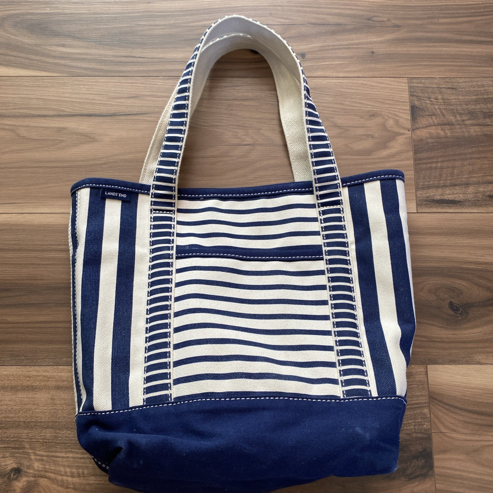 Lands End Zipper Navy Off White CreamStriped Double Handle Canvas Tote Beach Bag