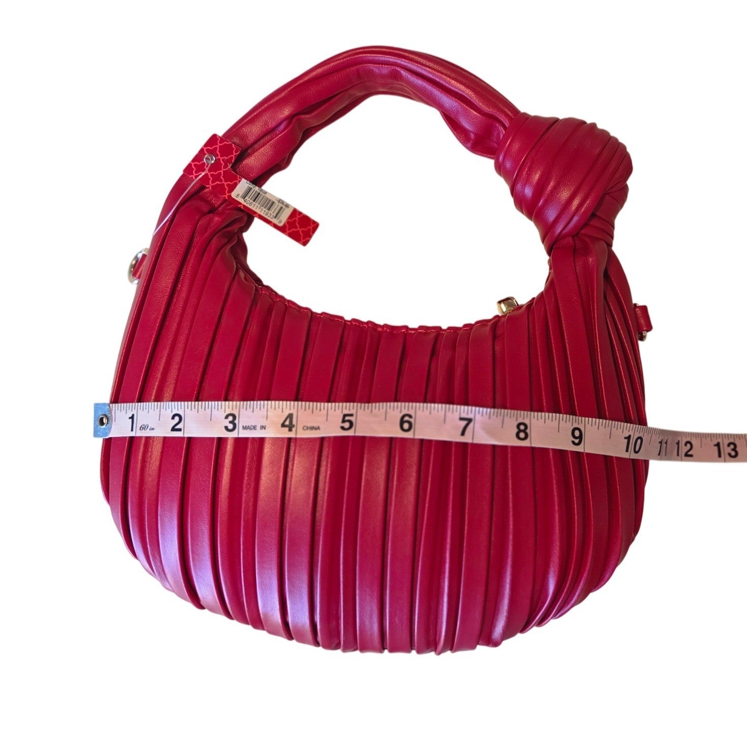 Red Pleated Knotted Hobo Shoulder Bag with Detachable Gold Chain Strap NEW
