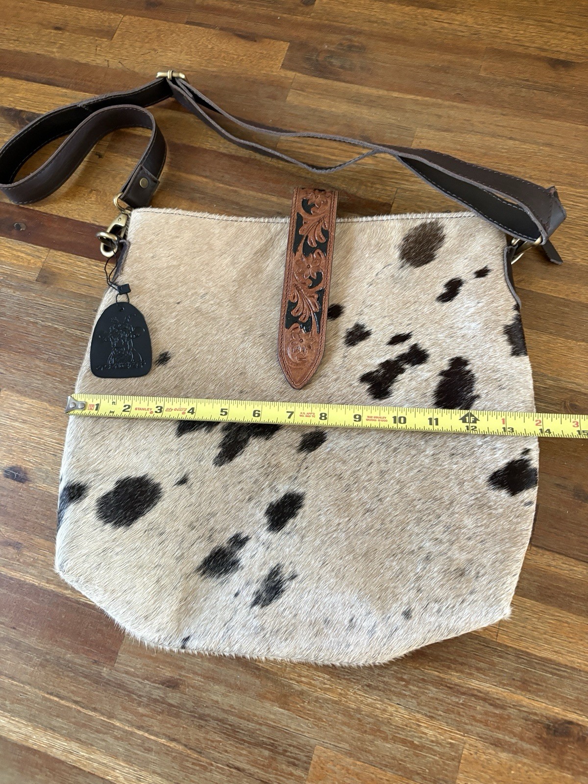 Hand Made Genuine Leather With Cow Hide Cross Body Bag Crazy Heifer 13.5” X 14”