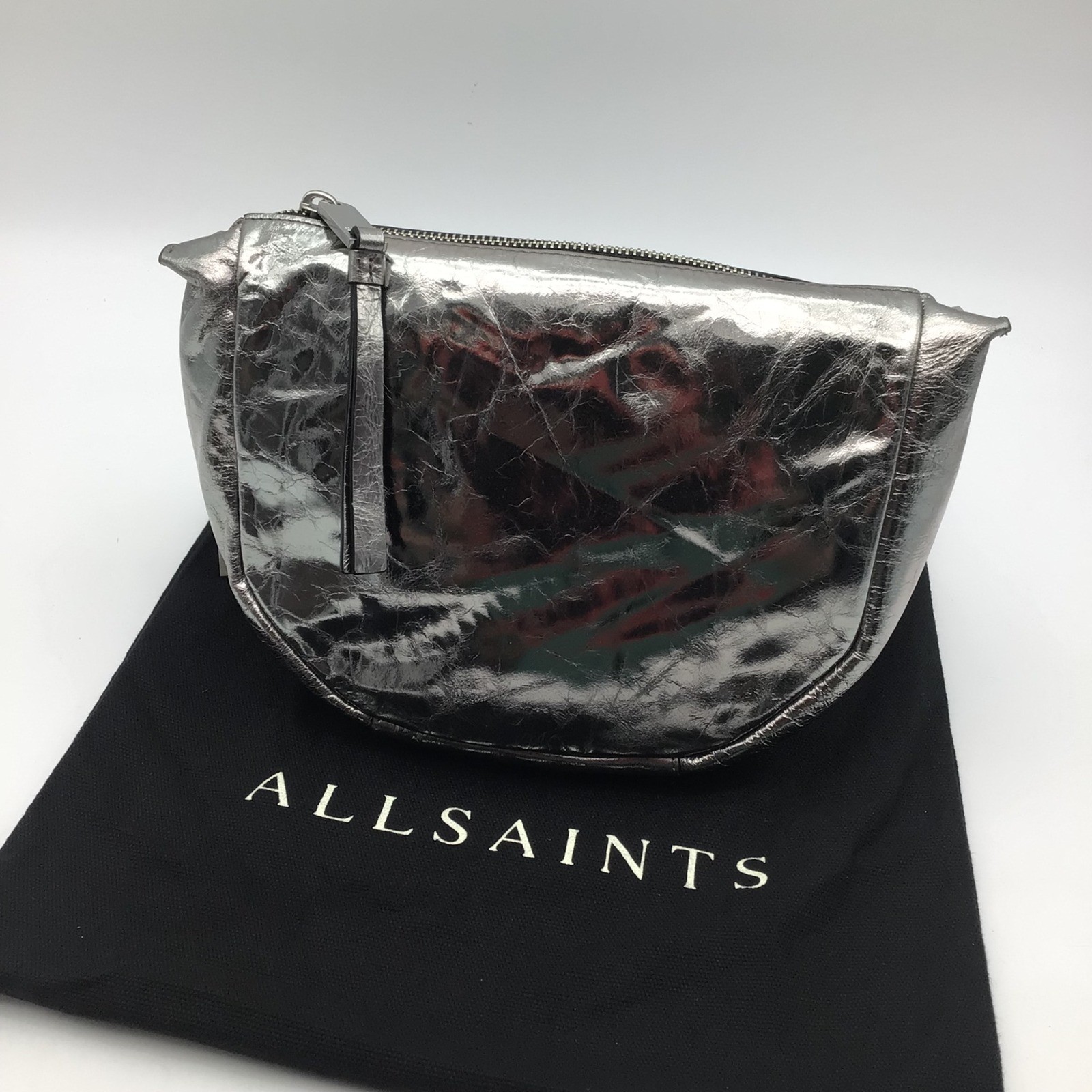 AllSaints Madea Mini Chain Bag Gunmetal Grey Metallic Leather W221XB NWT