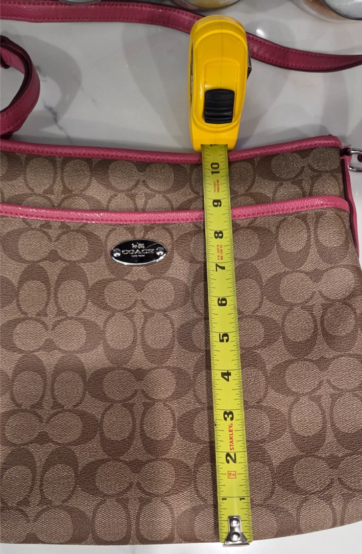 Coach Signature File Crossbody Bag Khaki Pink Canvas Leather Trim Adjustable