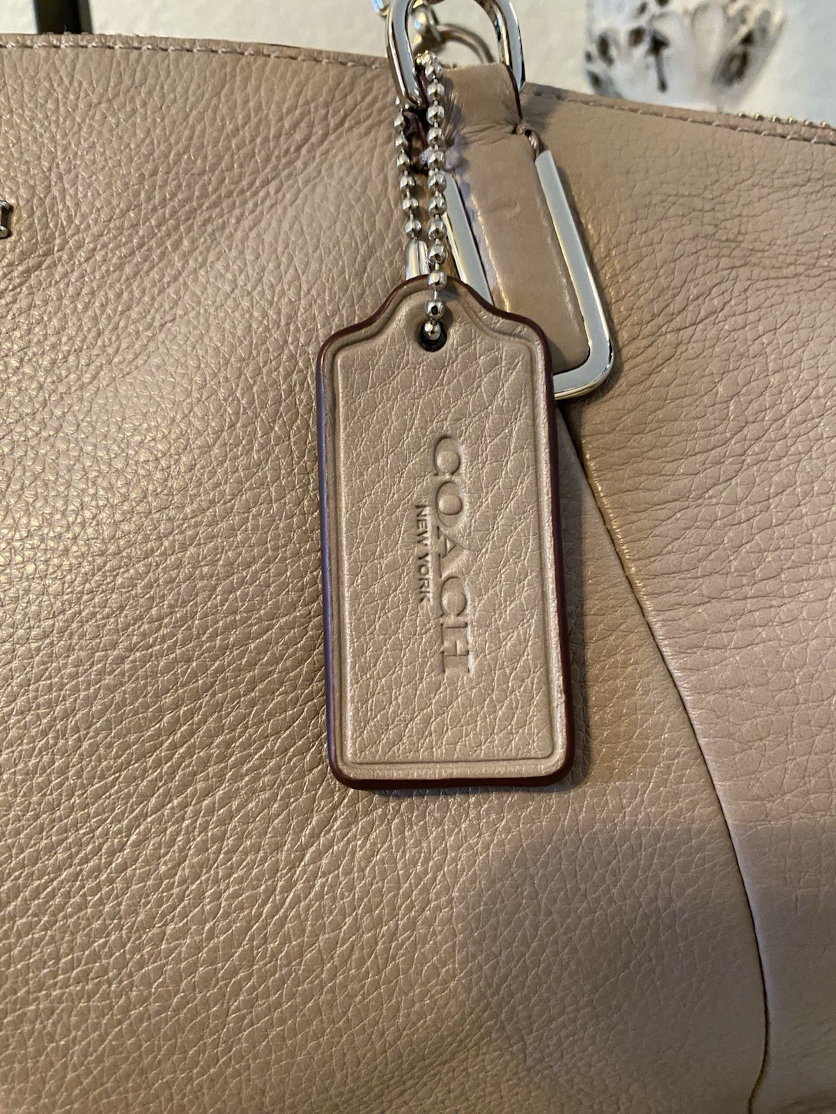 Coach Dove Gray Pebbled Leather Satchel Top Handle Zip, Silver Hardware Hang Tag