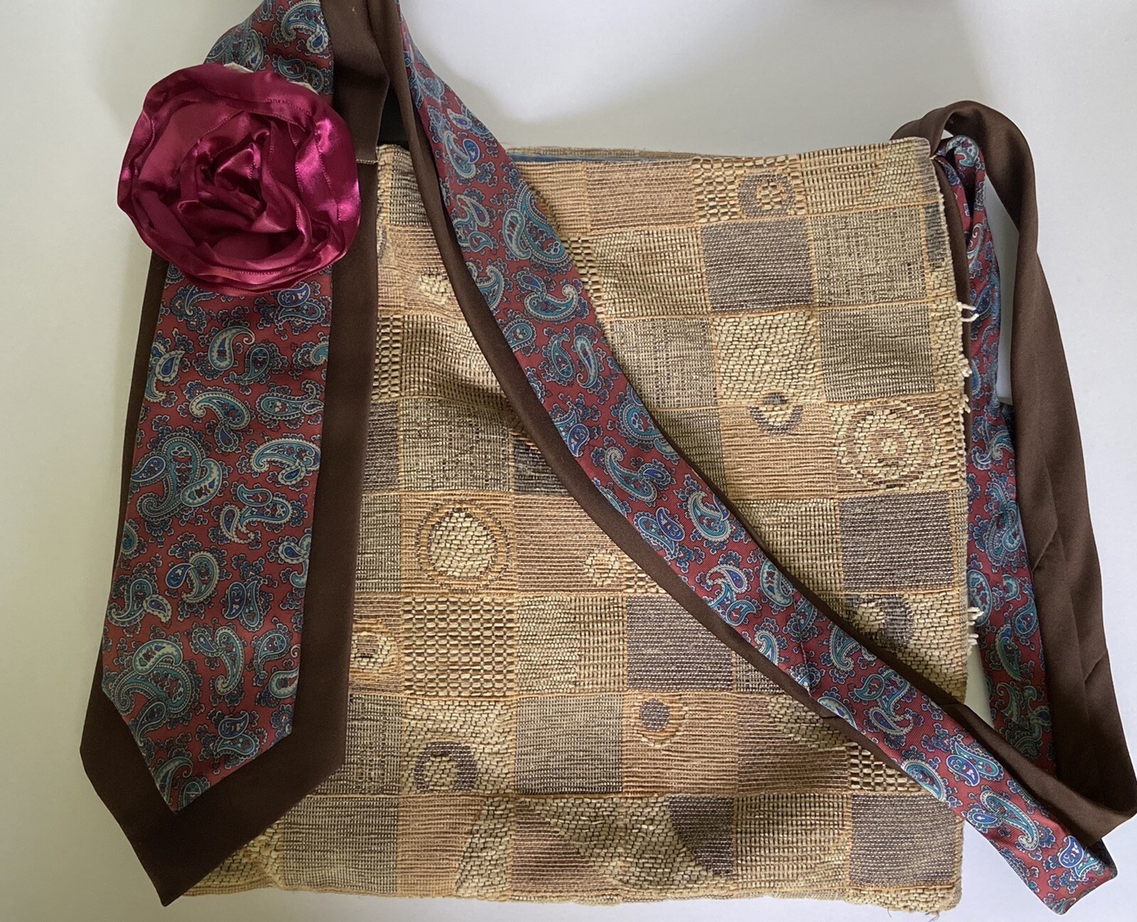 Handmade Tote Bag Woven Fabric Unique Silk Tie Straps Messenger Neutral Red Blue