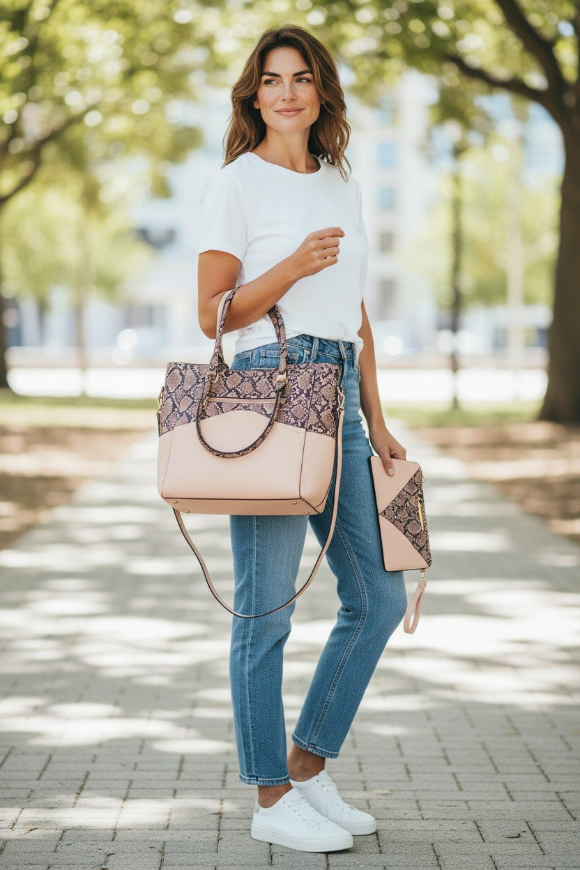 Mia K Collection Iris Snake Tote Bag with Wristlet Vegan Pink Leather Snakeskin