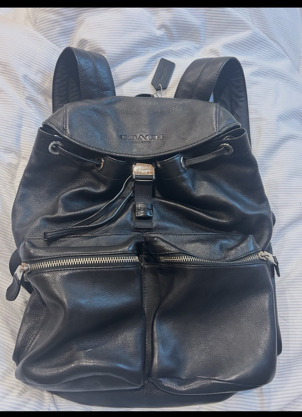 Coach Black Drawstring Backpack with Front Zip Pocket Silver Hardware