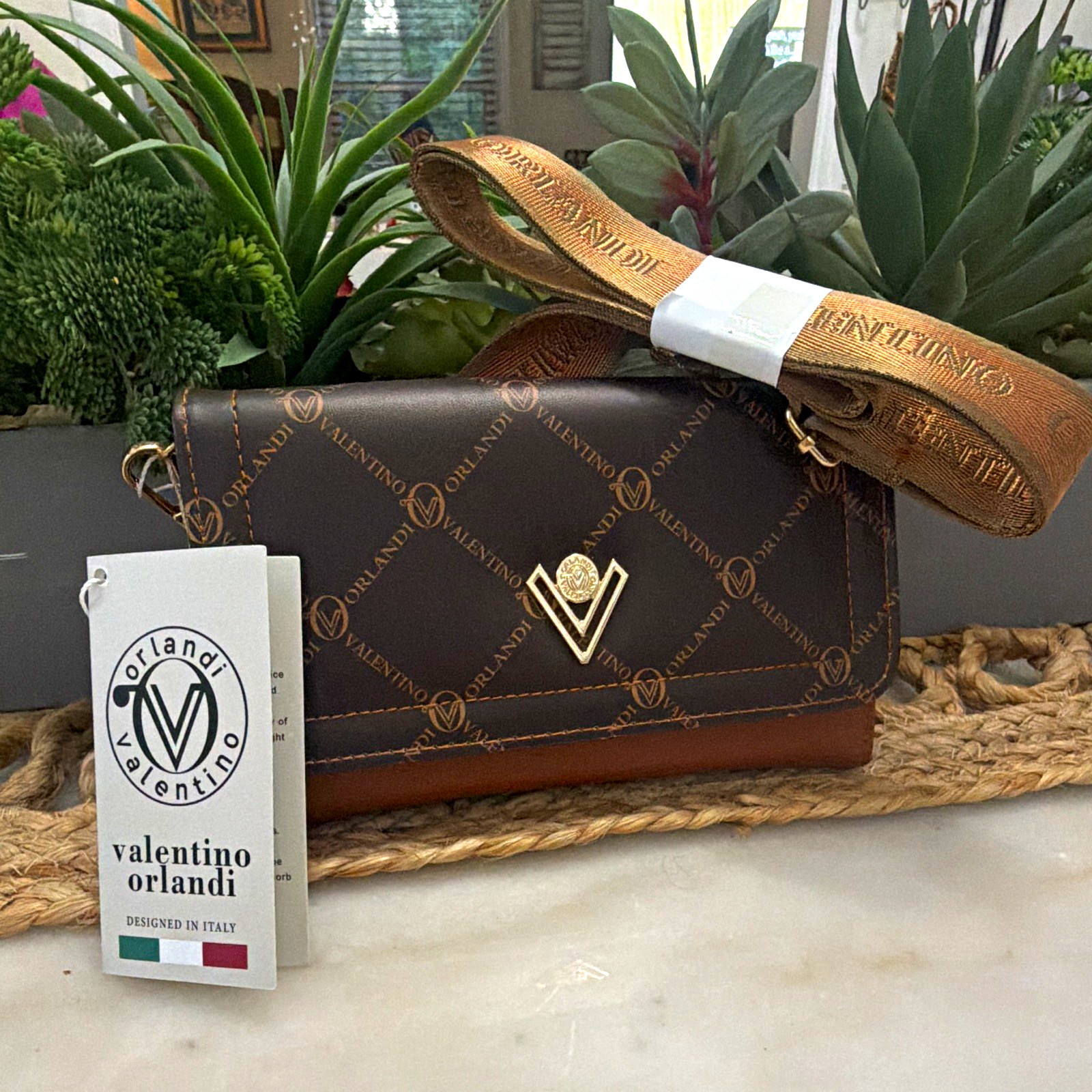 NWT Valentino Orlandi Brown/Tan Monogram Crossbody Magnetic Gold HW Detach Strap