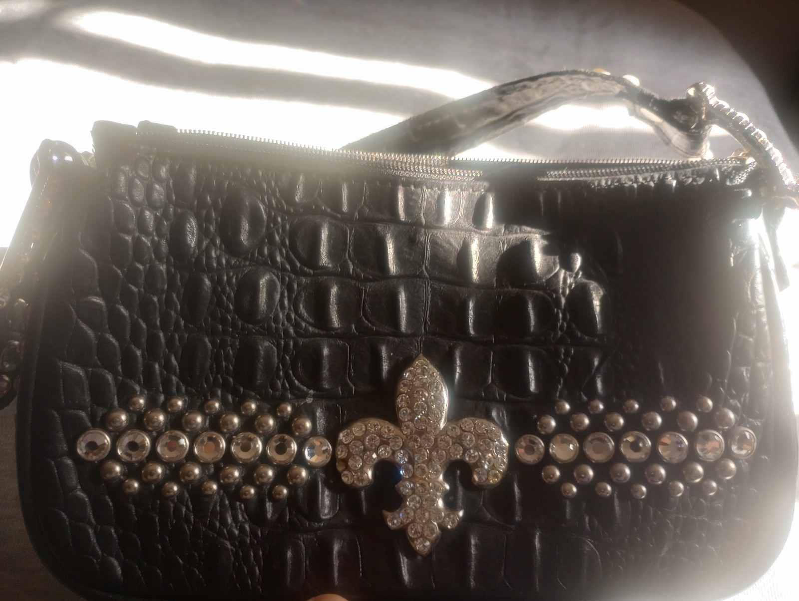 Raviani Black Croc Embossed Shoulder Bag Zip Rhinestone Fleur-de-lis