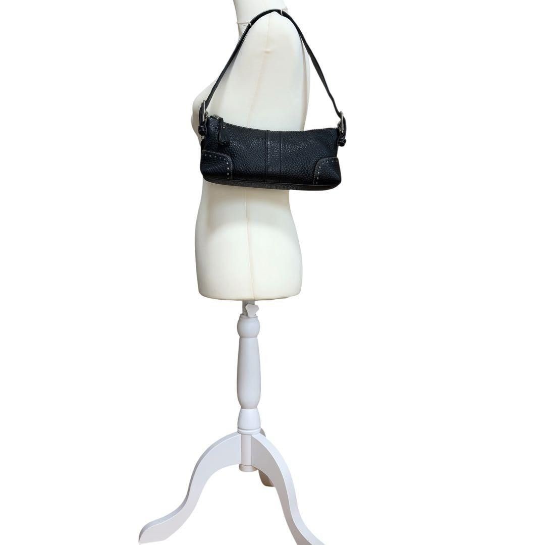 COACH y2k Leather Pouch Shoulder Bag Tassel Punch Detailing Black 11x26x7.5cm