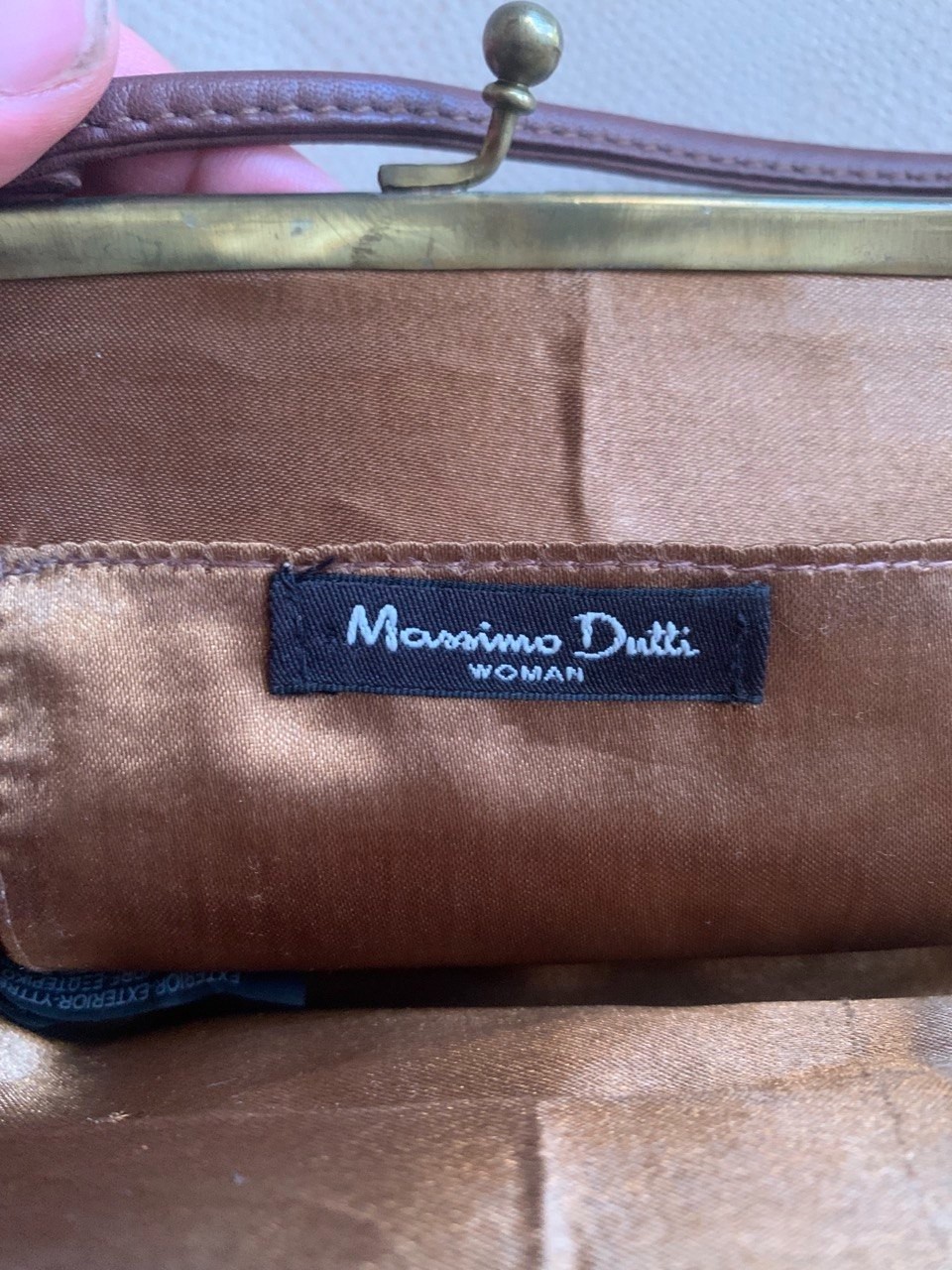 Vtg Massimo Dutti Beaded Brown Leather Clutch Handbag Kiss Lock Evening Bag Y2K
