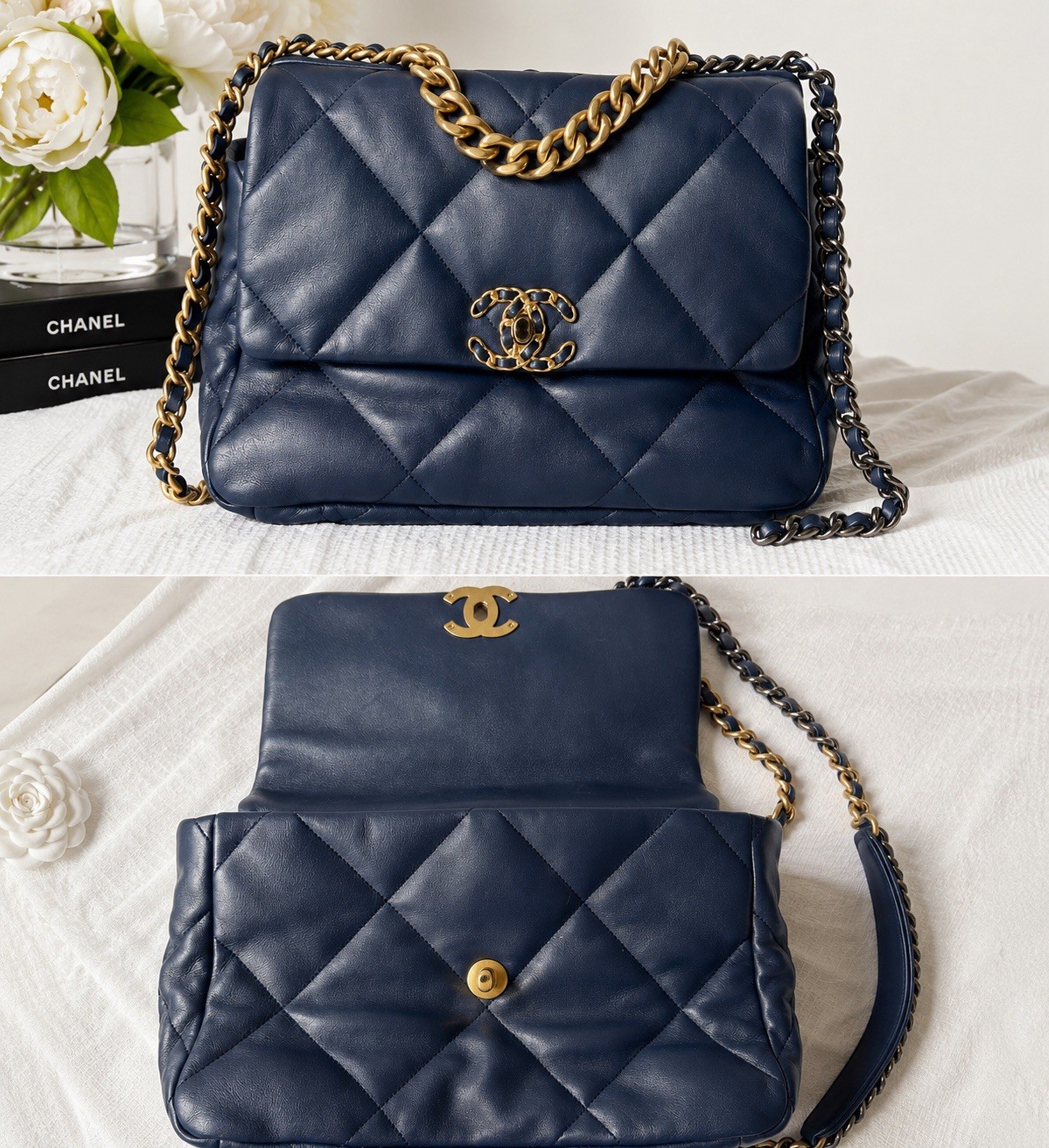 Chanel 19 Medium Flap Bag Navy Blue Lambskin Leather Gold & Ruthenium Chain