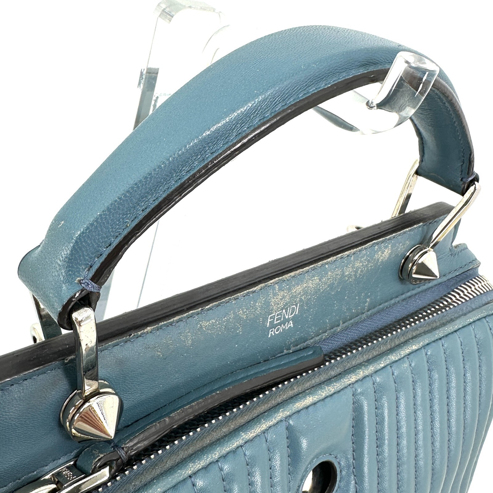 FENDI Dotcom Mini Women’s Handbag Blue Quilted Leather Top Handle Bag