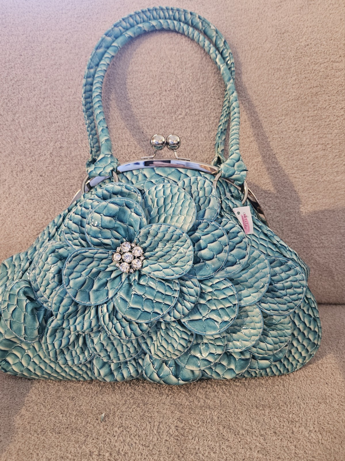 Teal Blue Large 3D Flower & Diamonds Handbag With Big Kiss Lock Closure.