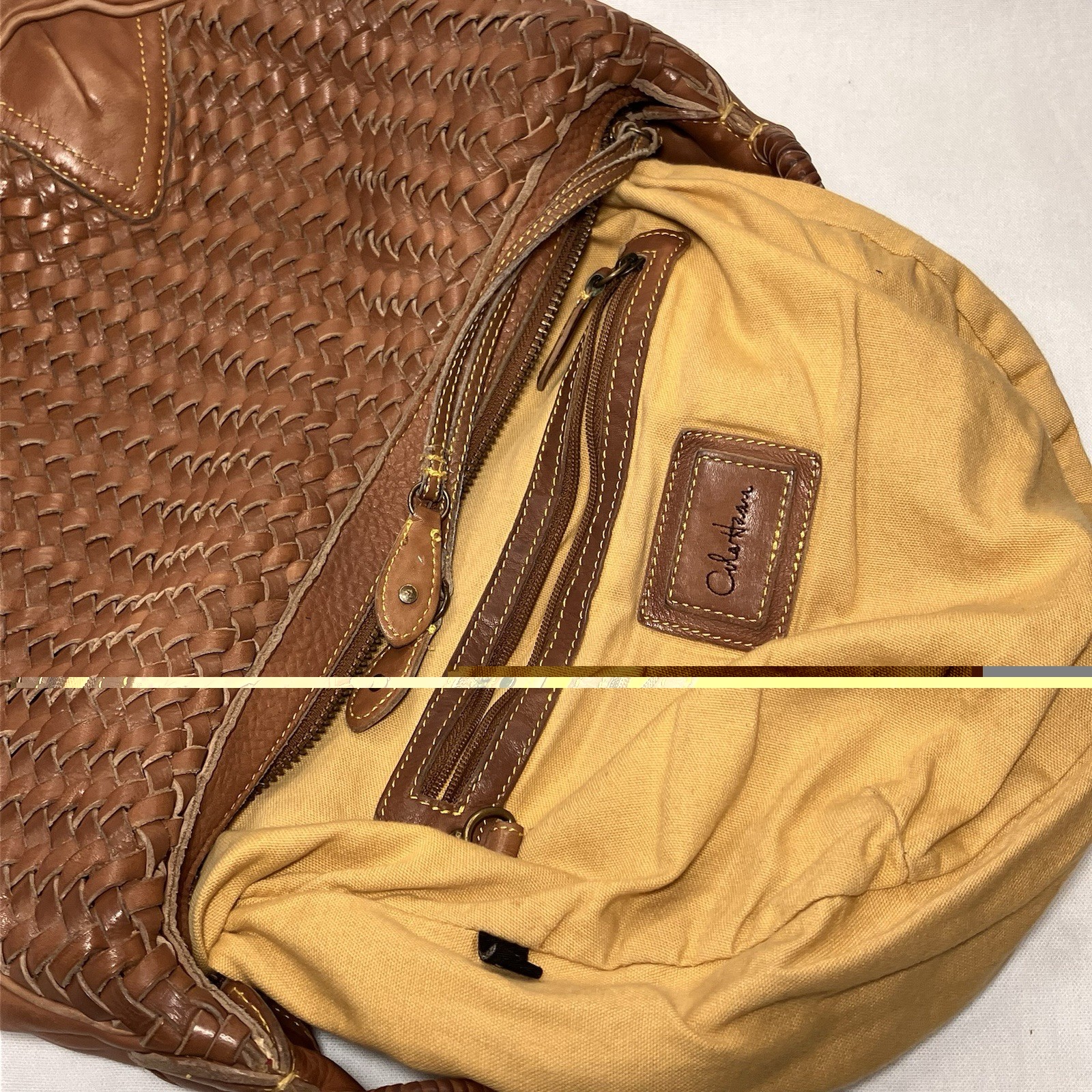 Cole Haan Woven Leather Shoulder Zip Bag Medium Brown