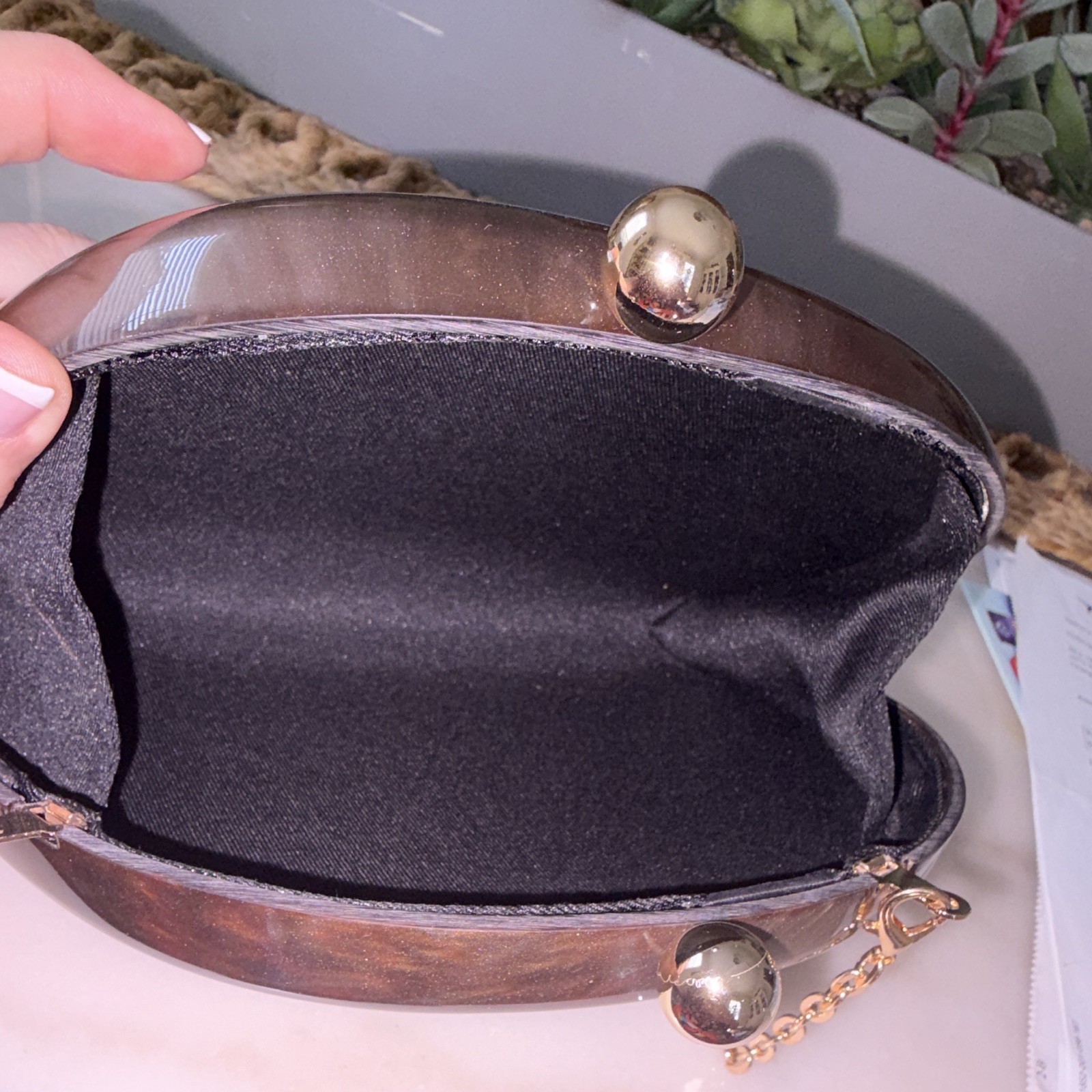 Bronze Metallic Oval Kiss Lock Clutch Gold Chain Strap Ball/Knot Clasp