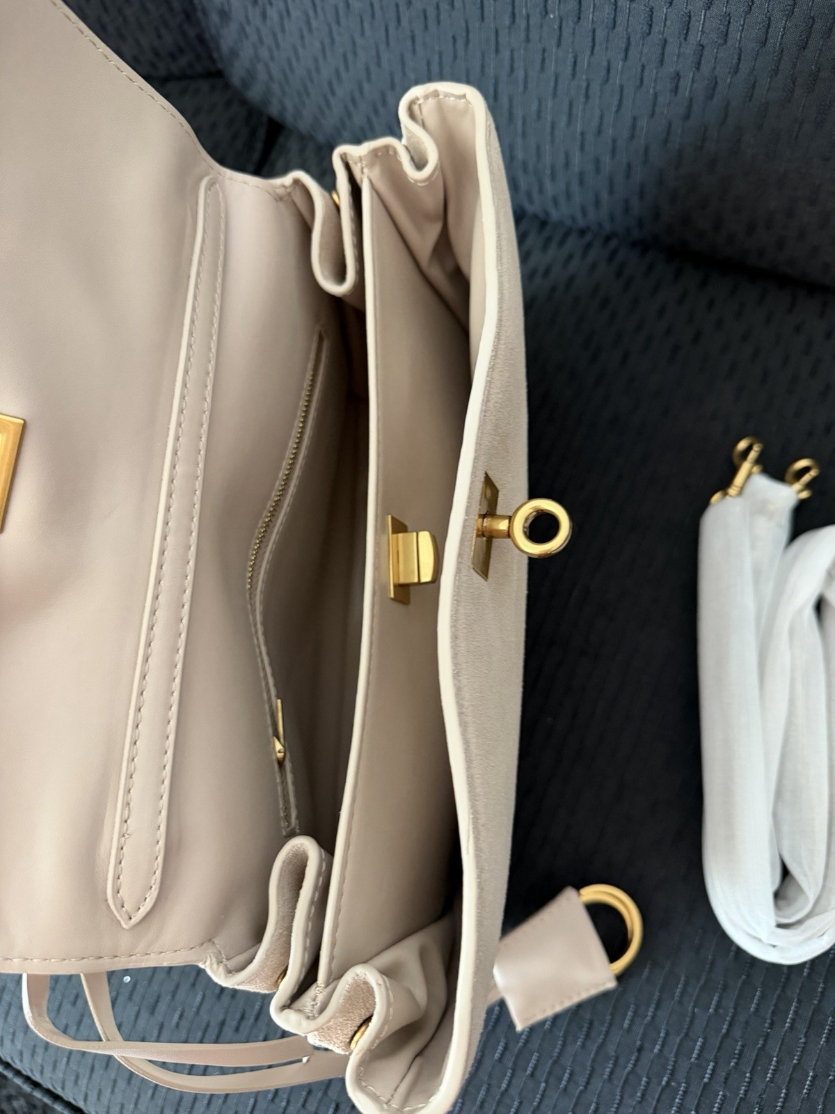 Verano Hill Beige Medium Satchel Top Handle Bag Turn Lock Gold Detach Strap