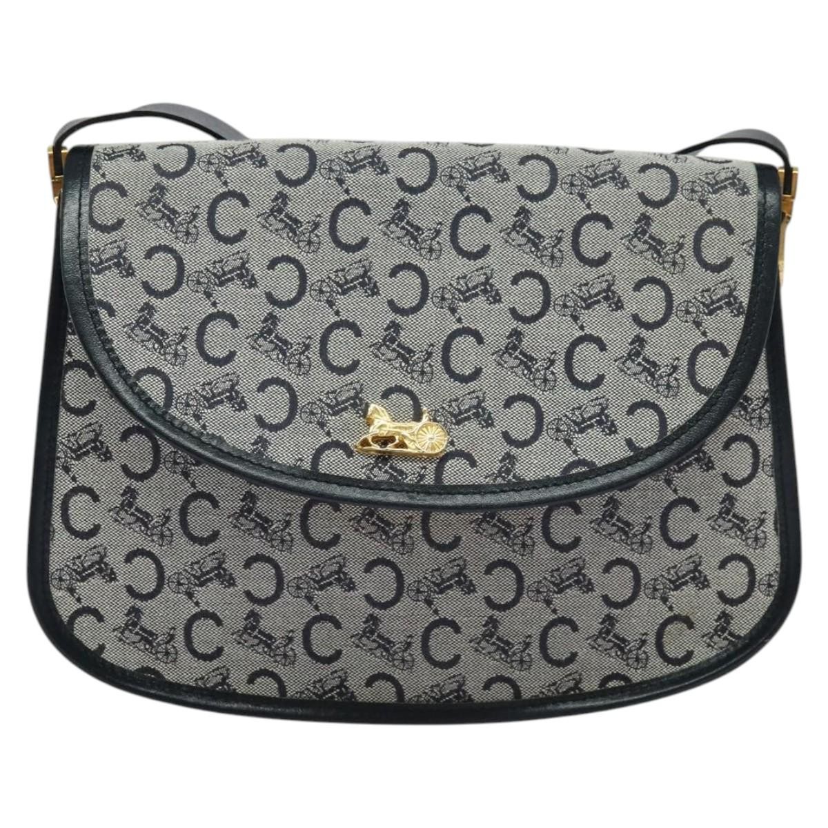CELINE C Sulky Shoulder Bag Canvas Navy Gold Auth 129708